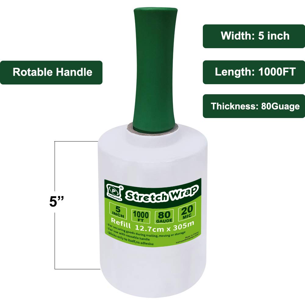 PERFECTAPE Transparent Stretch Wrap Film 5" x 1000feet, 80 Gauge, Hand-held, 2-Pack(2000ft length total) with 1 Handle, for Wrapping, Moving