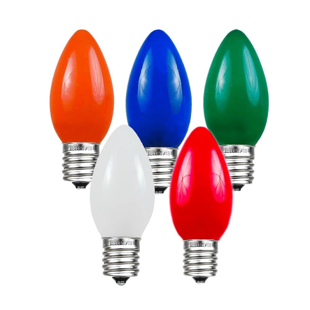 Novelty Lights 25 Pack C9 Ceramic Outdoor String Light Christmas Replacement Bulbs, Multi, E17/C9 Base, 7 Watt