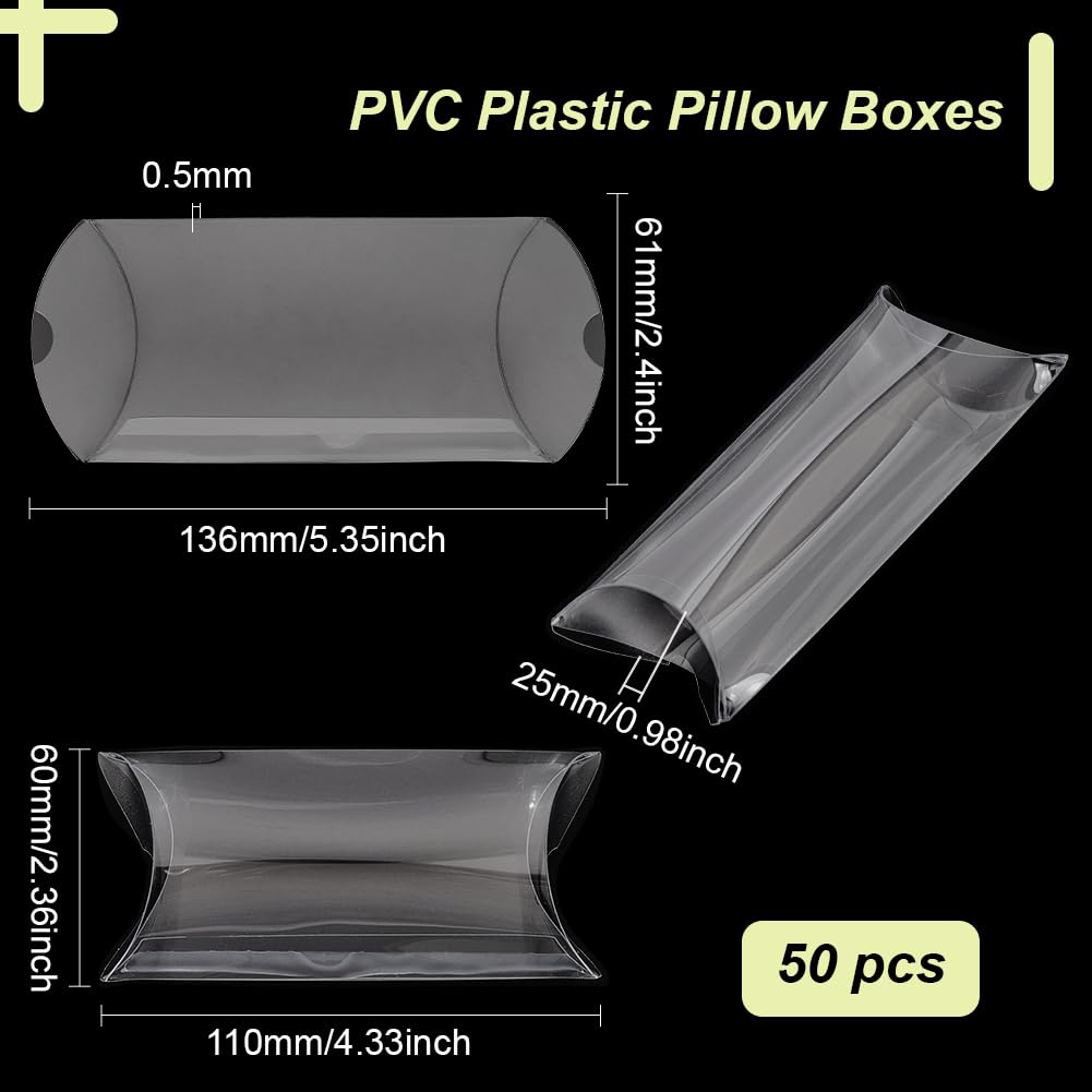 BENECREAT 50 Pack PVC Plastic Pillow Box, 4x2.4x1 Inch Clear Gift Packaging Boxes, Candy Treat Favors Box for Weddings Festival Party Storage Packing