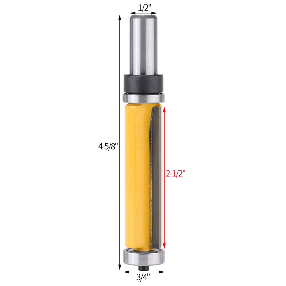 1/2" Shank Straight Router Bit Woodworking Flush Trim Router Bit Tool 2-1/2"L x 3/4''Dia with Long Cutter, Top and Bottom Bearing