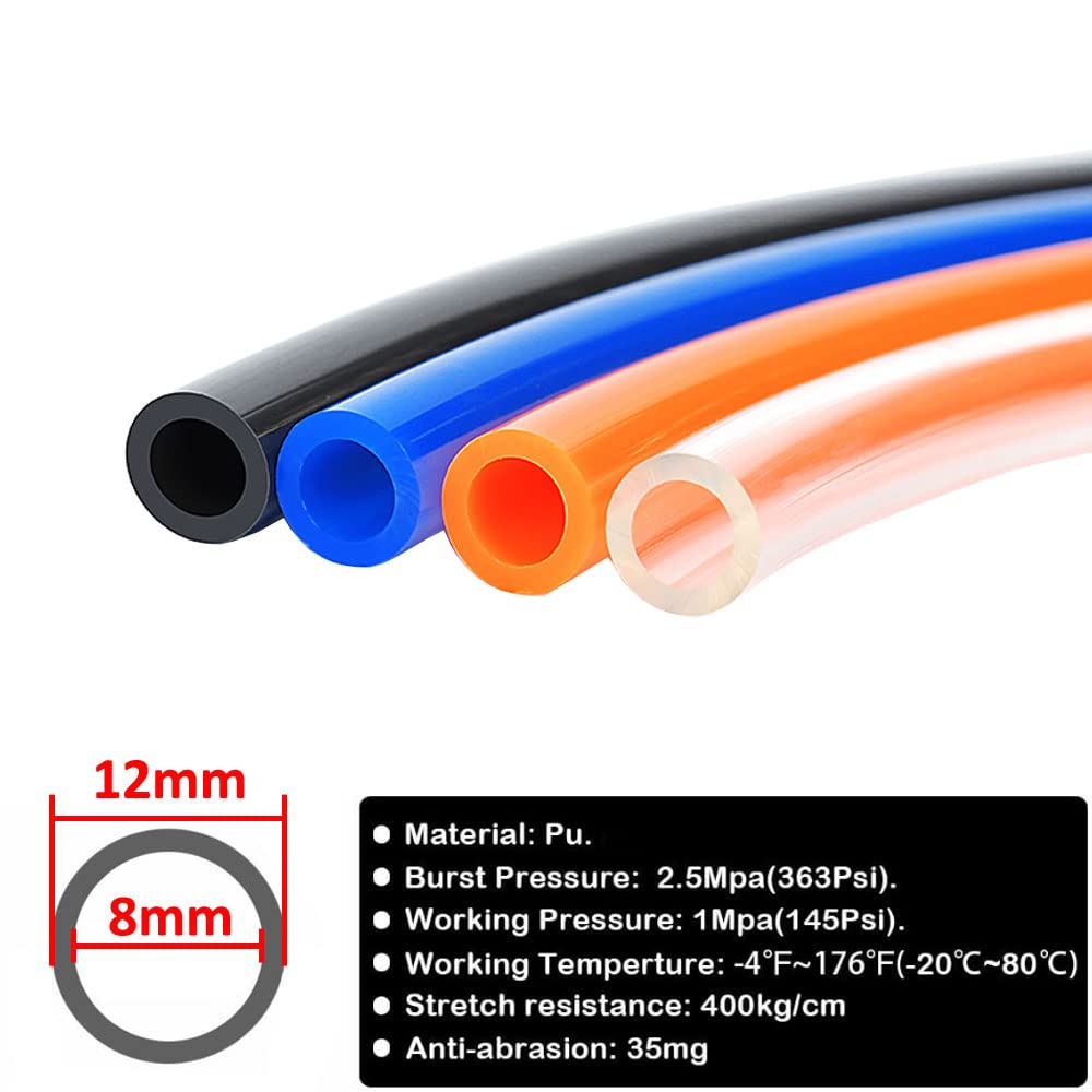 ETOPARS 10 Meter Air Line Hose Pneumatic Air Tubing Compressor Hose PU Polyurethane Air Pump High Pressure Pneumatic Tube 12mm OD x 8mm ID Black