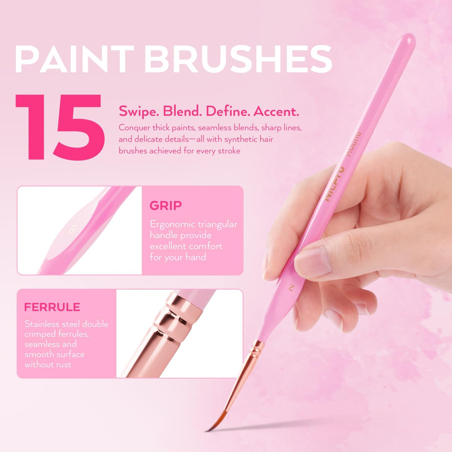 Nicpro 15PCS Micro Fine Detail Paint Brush Set, Macaron Pastel Small Miniature Fine Tip Detail Brushes Kit for Acrylic Oil Watercolor, Craft, Models, Miniatures, Rock Painting, Paint by Numbers