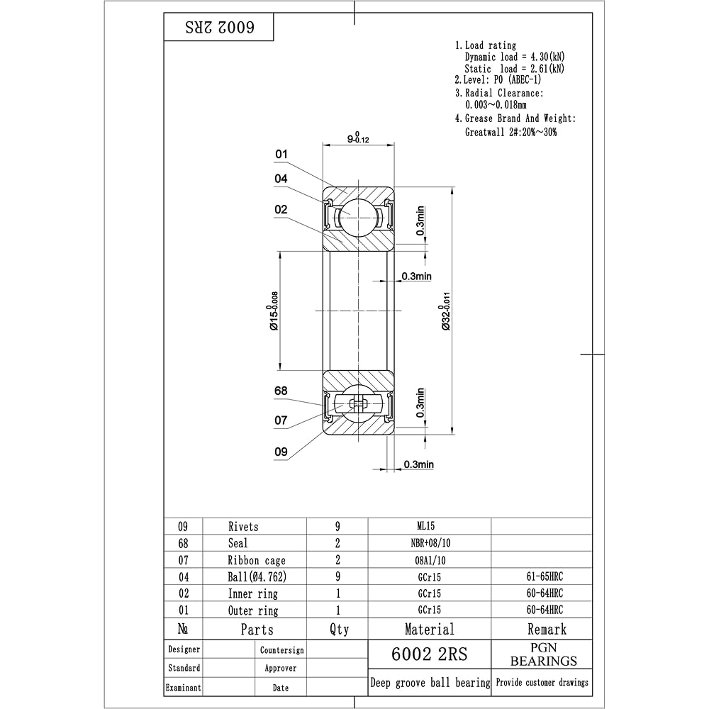 PGN (10 Pack) 6002-2RS Bearing - Lubricated Chrome Steel Sealed Ball Bearing - 15x32x9mm Bearings with Rubber Seal & High RPM Support