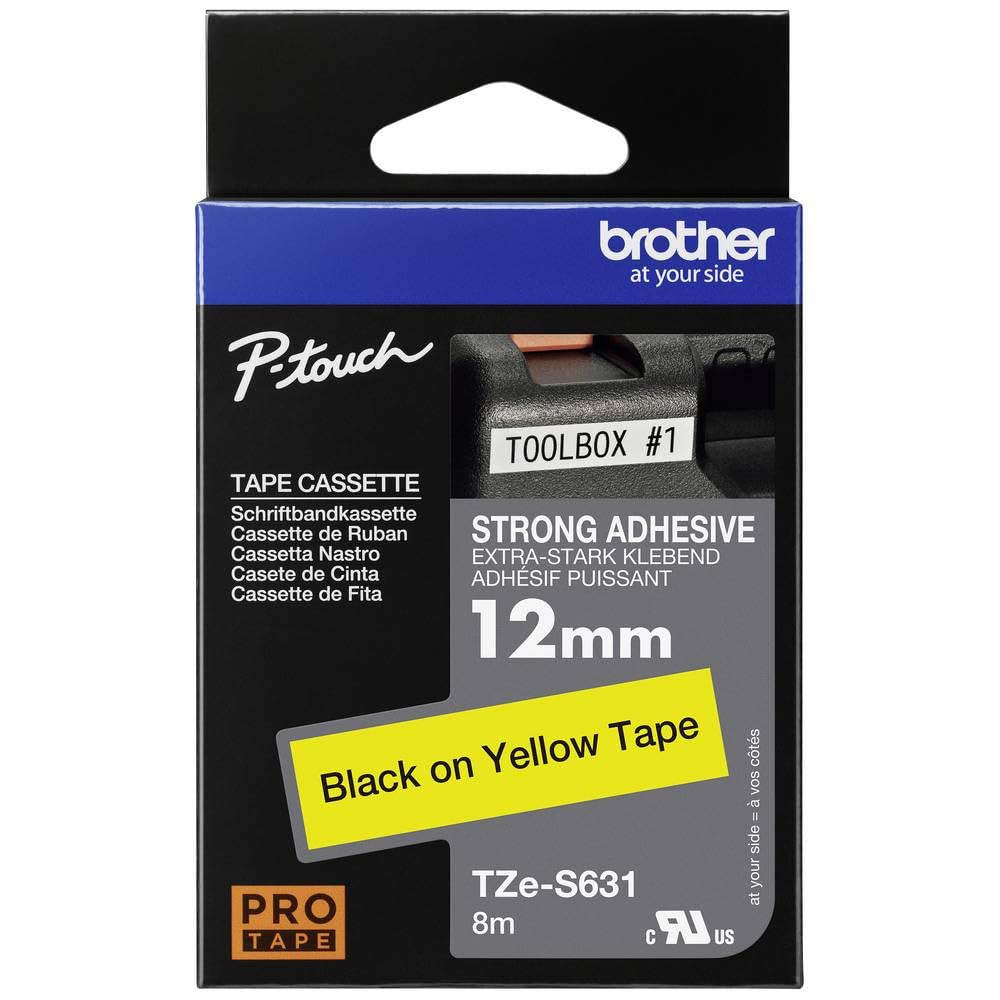 Brother Genuine P-touch TZE-S631 Tape, 1/2" (0.47") Wide Extra-Strength Adhesive Laminated Tape, Black on Yellow, Laminated for Indoor or Outdoor Use, Water-Resistant,0.47" x 26.2' (12mm x 8M),TZES631