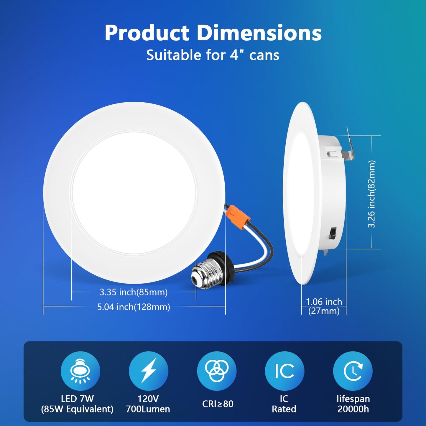 LVWIT 4 Inch 5CCT LED Downlight, 7W 700 Lumens Dimmable, IC Rated LED Recessed Lighting, 2 Pack (2700K/ 3000K/ 4000K/ 5000K/ 6000K- 5CCT)
