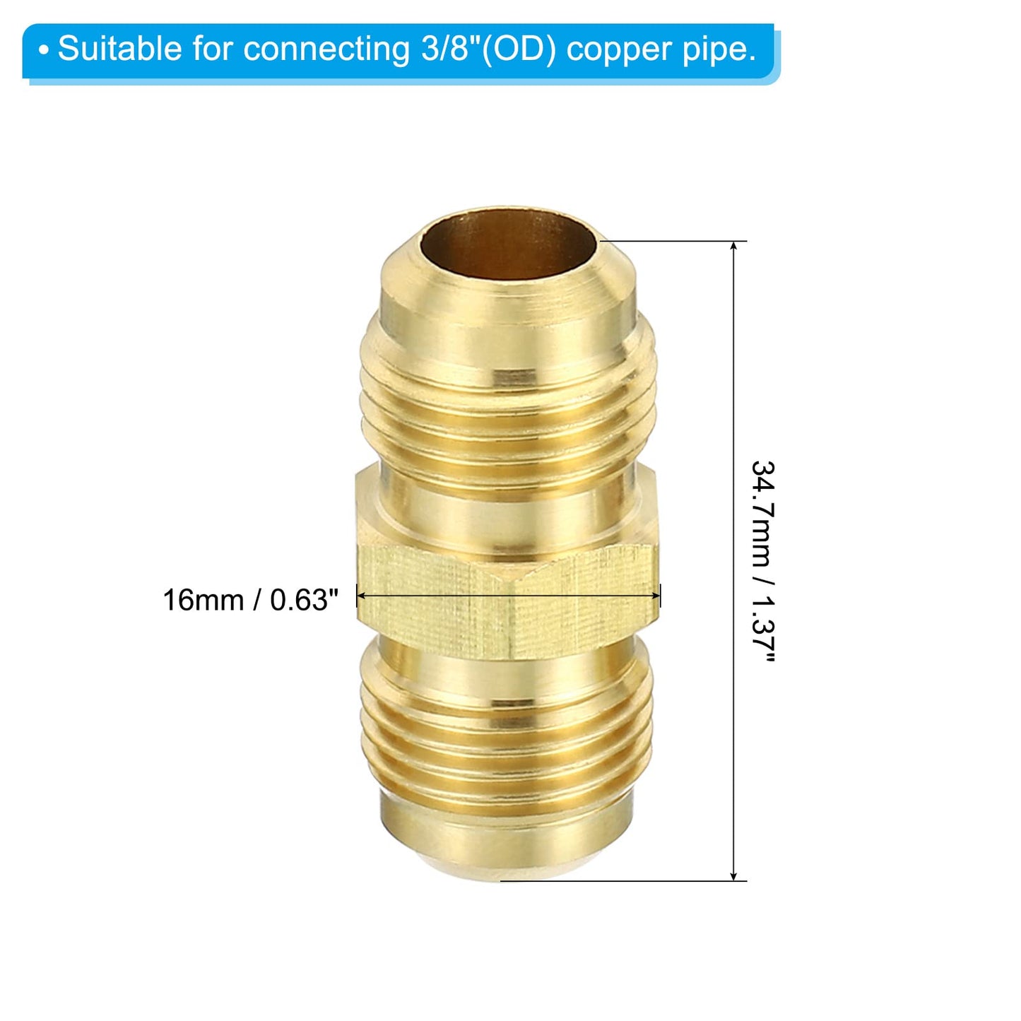 PATIKIL 3/8" OD Brass Flare Union Connector, 3 Set Air Conditioning Copper Double Pipe Extension Joint Connectors Pipe Hose Fitting with Nut, 1.37 x 0.63inch