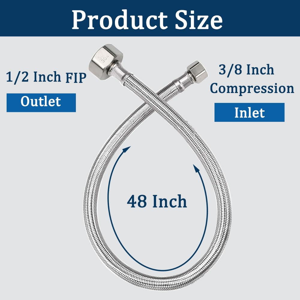48" Faucet Supply Line,3/8" Comp x 1/2" FIP Flexible Faucet Connector,Stainless Steel Braided Supply Line for Long Distance Use of Faucet Sink, Water Heater, Angle Valve(Plumbers Tape Include)