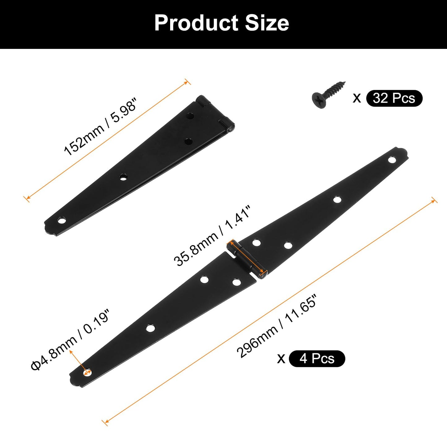 uxcell 4Pcs Strap Hinges, 6 Inch Shed Door Hinges Heavy Duty Gate Hinge Tee Hinge with Screws for Wooden Fences Yard Doors Barn Gate, Black