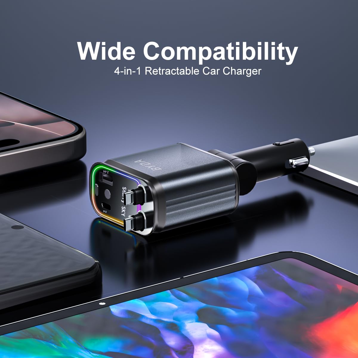 4 in 1 Retractable Car Charger with Starry Light,69W USB-C Fast Car Charger, for iPhone 17/16/15/14/13/12/11, Android,Pixel,Cigarette Lighter Charger (Grey, Light-ning+USB-C (Starry))