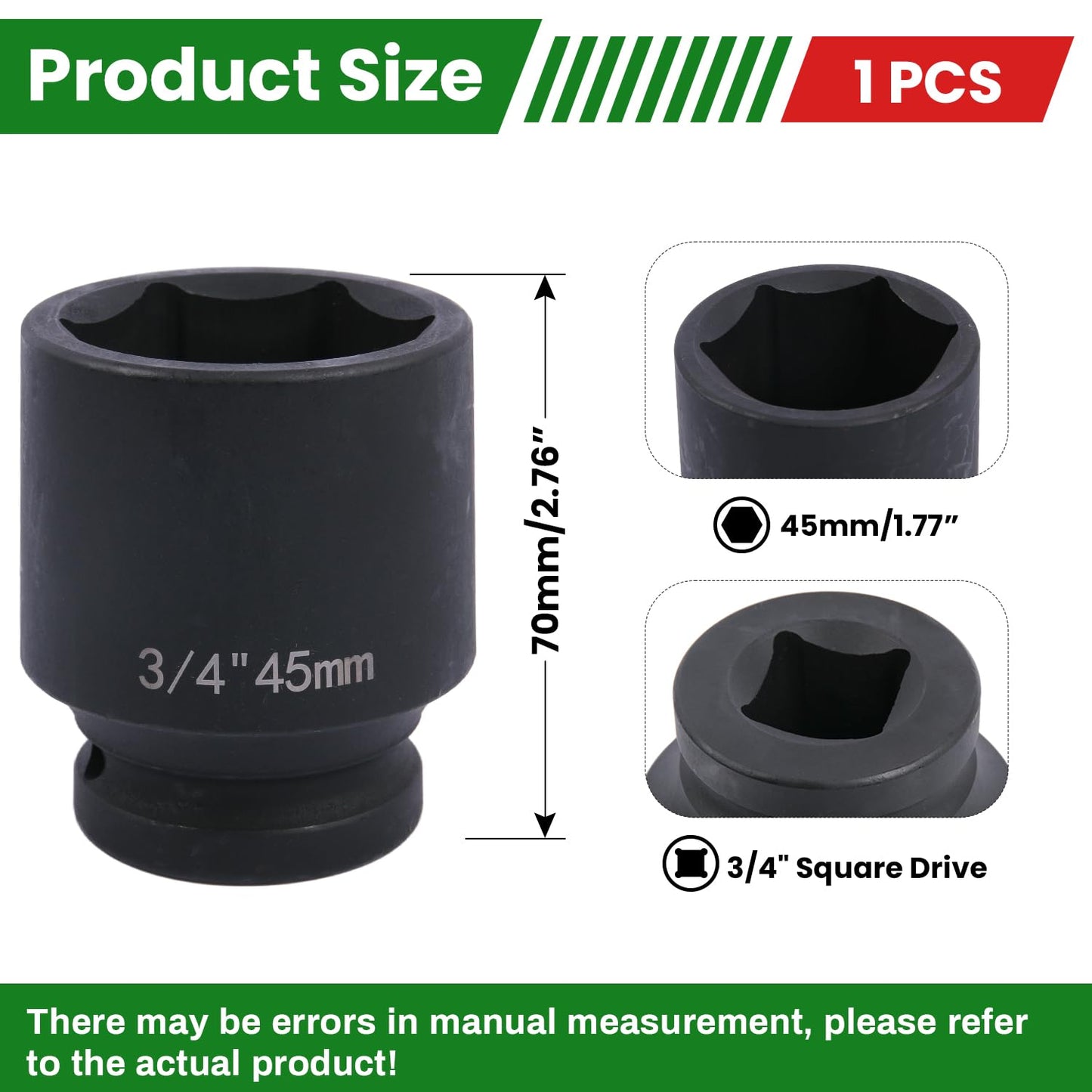 Uxney 3/4" Drive 45mm Impact Socket,6-Point Standard Impact Sockets Made with Chrome Molybdenum Alloy Steel, Metric