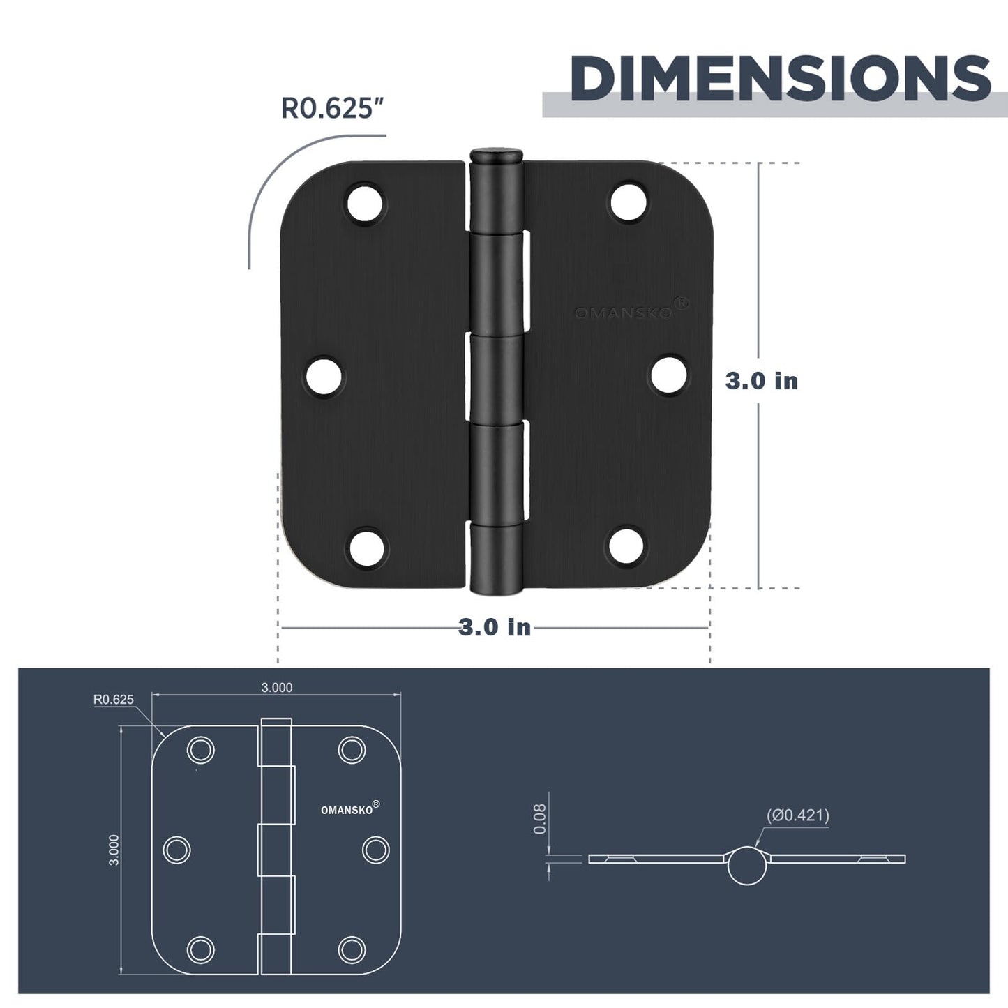 6 Pack Black Door Hinges 3 Inch Interior Door Hinges Matte Black Hinges for Doors 5/8 Radius Bedroom Indoor/Interal Door Hardware 3 Inch Black Door Hinge