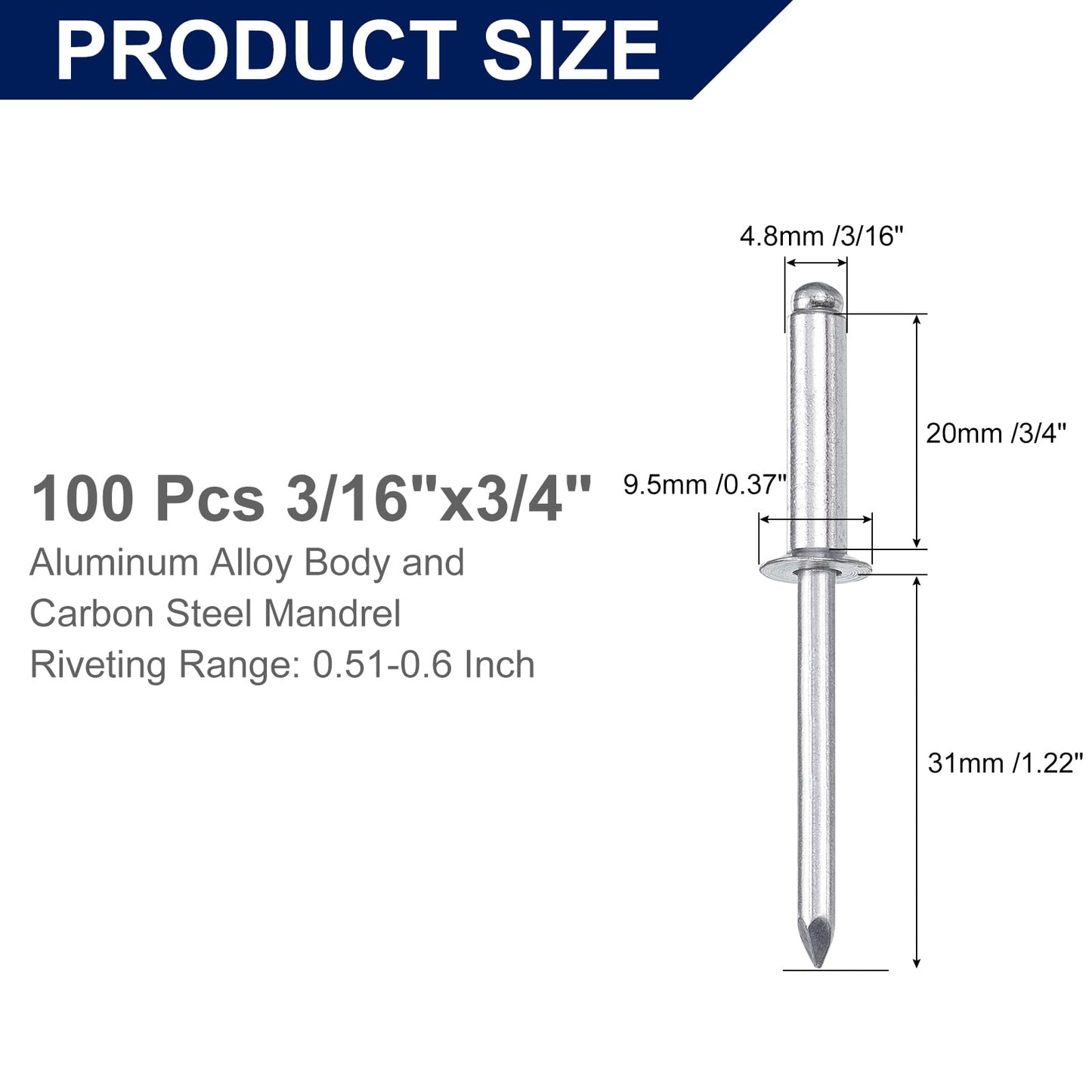 uxcell 100Pcs 3/16" x3/4" Aluminum Blind Rivets, Aluminum Grip and Steel Mandrel, Countersunk Head Long Split Rivets for Metal, Furniture, Automotive, Silver