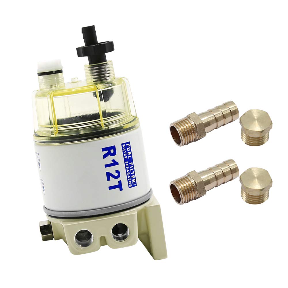 Anxingo R12T Fuel Filter Water Separator 120AT NPT ZG1/4-19 with 2 Fittings, 2 Plugs Complete Combo Filter for Marine Diesel Engine Lawn Mower
