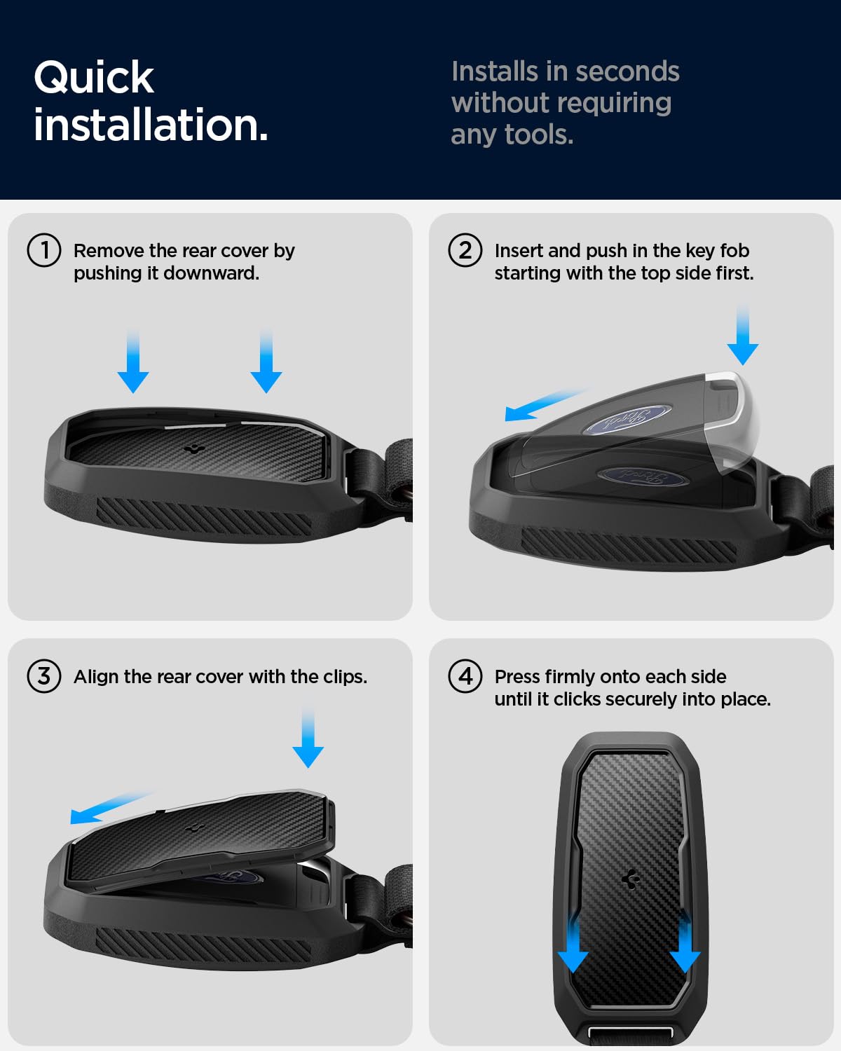 Spigen Rugged Armor Key Fob Cover with Carabiner & Keychain Designed for Ford F150, Explorer, Expedition, Maverick, Escape, Bronco, Mustang, Fuision, Lincoln 3/4/5 Button Smart Key Fobs
