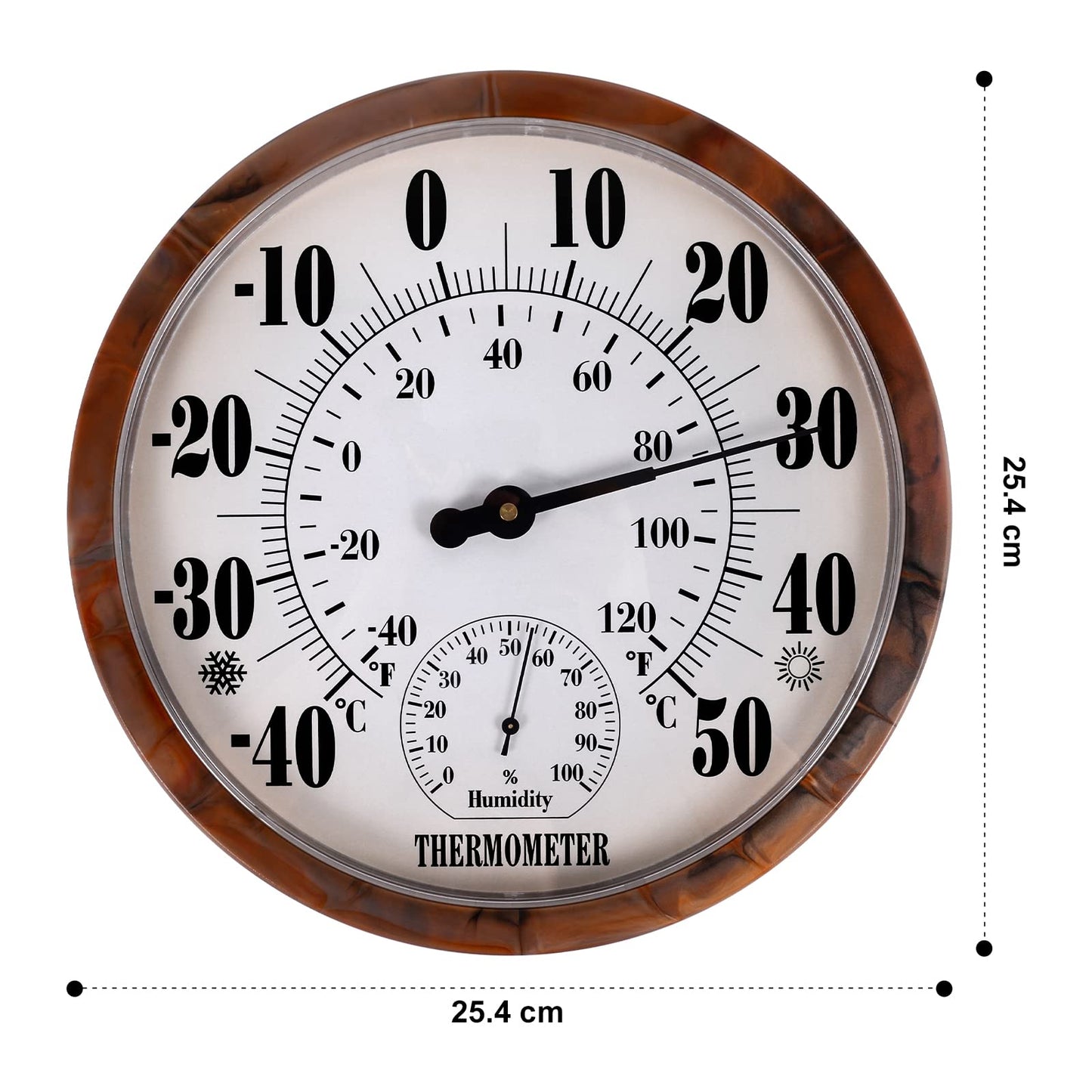 Indoor Outdoor Thermometer Hygrometer - 25.4cm Outdoor Thermometers Large Number, 2 in 1 Thermometer Hygrometer, No Battery Needed Large Outdoor Thermometers for Patio (Brown)