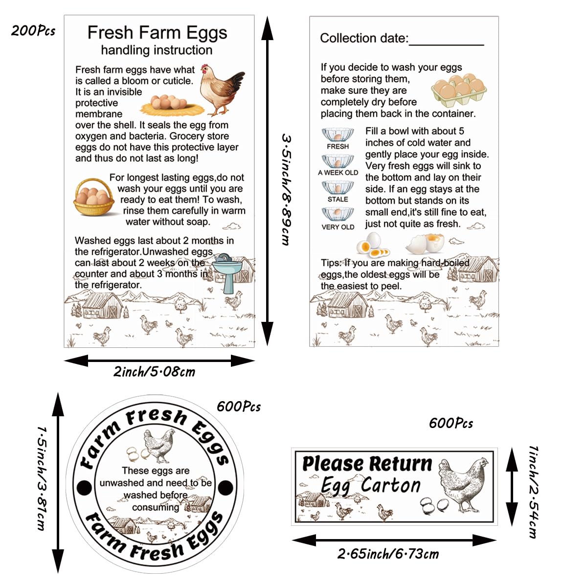 600 Pcs Farm Fresh Egg Carton Labels 600 Pcs Please Return Egg Carton Stickers 200 Pcs Double-Sided Egg Handling Instruction Cards Fresh Farm Egg Packaging Set for Eggs Care (Egg Set)