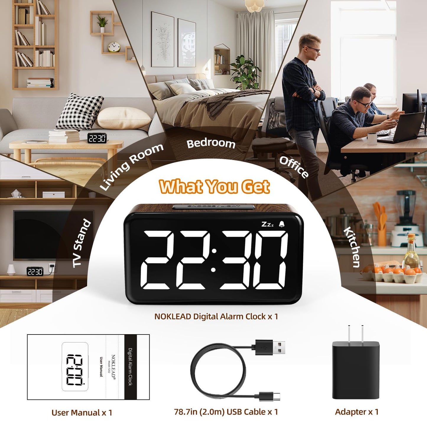 NOKLEAD Digital Alarm Clock with 5.9'' Large Display: Easy to Use for Seniors and Men, 5 Brightness, Aesthetic Room Decor Desk Clocks for Bedroom | Dorm | Living Room | Office (Brown Wood Grain)