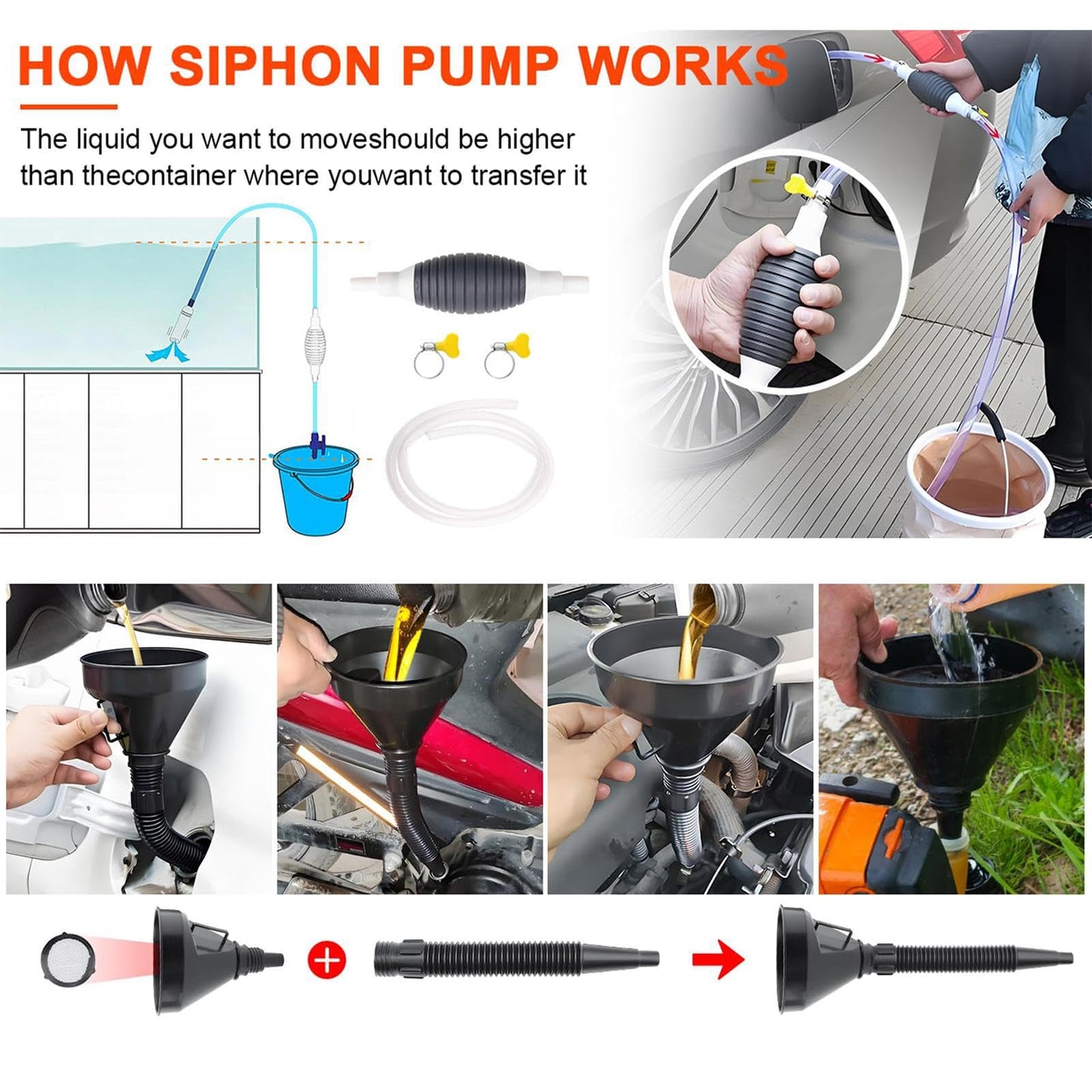 8 Pieces Filling Funnel Set, Gasoline Fuel Funnel,Right Angle Flexible Plastic Funnel Set, Universal Auto Gasoline Fuel Funnel with Detachable Hose and Manual Oil Absorber
