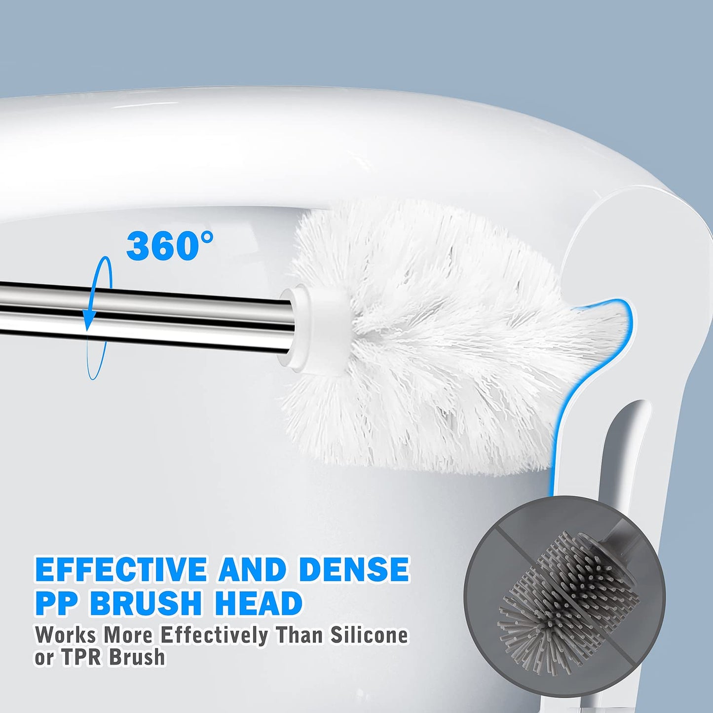 Toilet Brush and Holder, 2 Pack Toilet Brush with 304 Stainless Steel Long Handle, Toilet Bowl Brush for Bathroom Toilet-Ergonomic, Elegant,Durable (White)