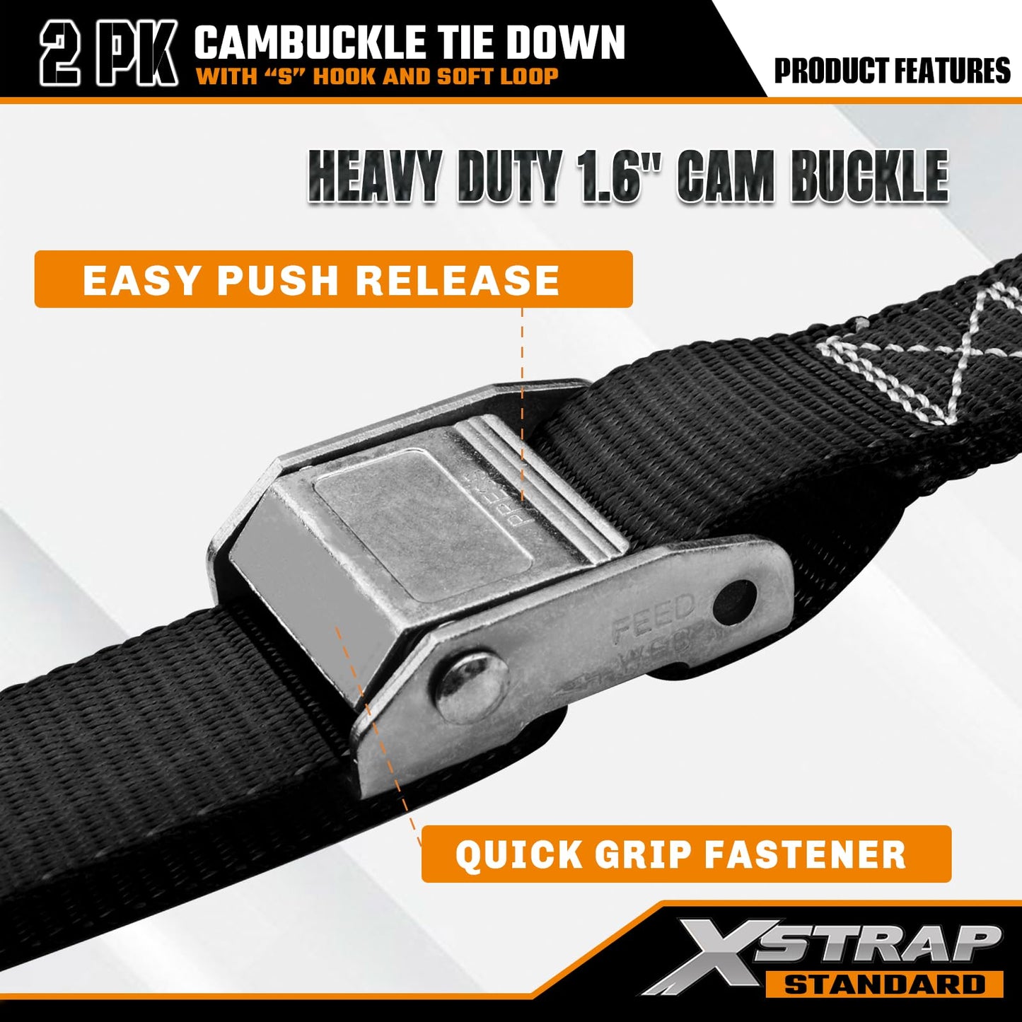 XSTRAP STANDARD Motorcycle Tie Down Straps (2 Pack) 3,000lb Break Strength, 1.5 in X 8FT Heavy-Duty Cambuckle Tie Down Set with S Hook and Soft Loops, Black