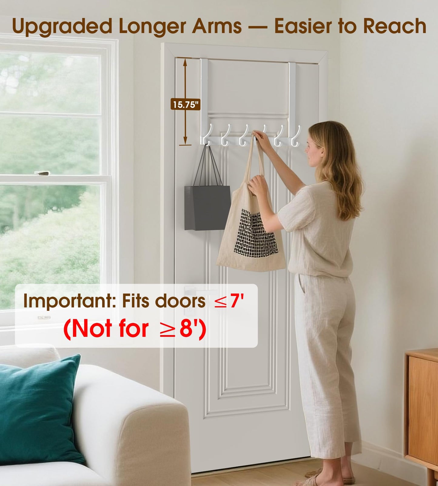 KitchLife Long Over Door Hooks with 15.75" Extended Arms, Fits Standard 1 3/8" Thick Doors, Thickened 1 Pack Double-Hanger with 12 Hooks, Glossy White - Bathroom Bedroom Towel Rack Organization
