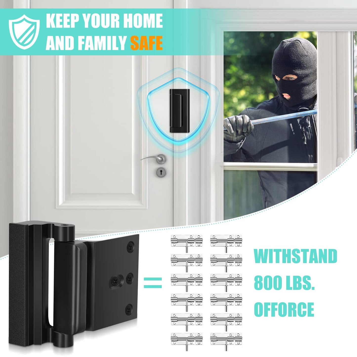 3 Pack Door Locks, Home Security Door Latch, Child Proof Door Lock Device with 3" Screws for Inward Swinging Door, Aluminum Construction(Black)