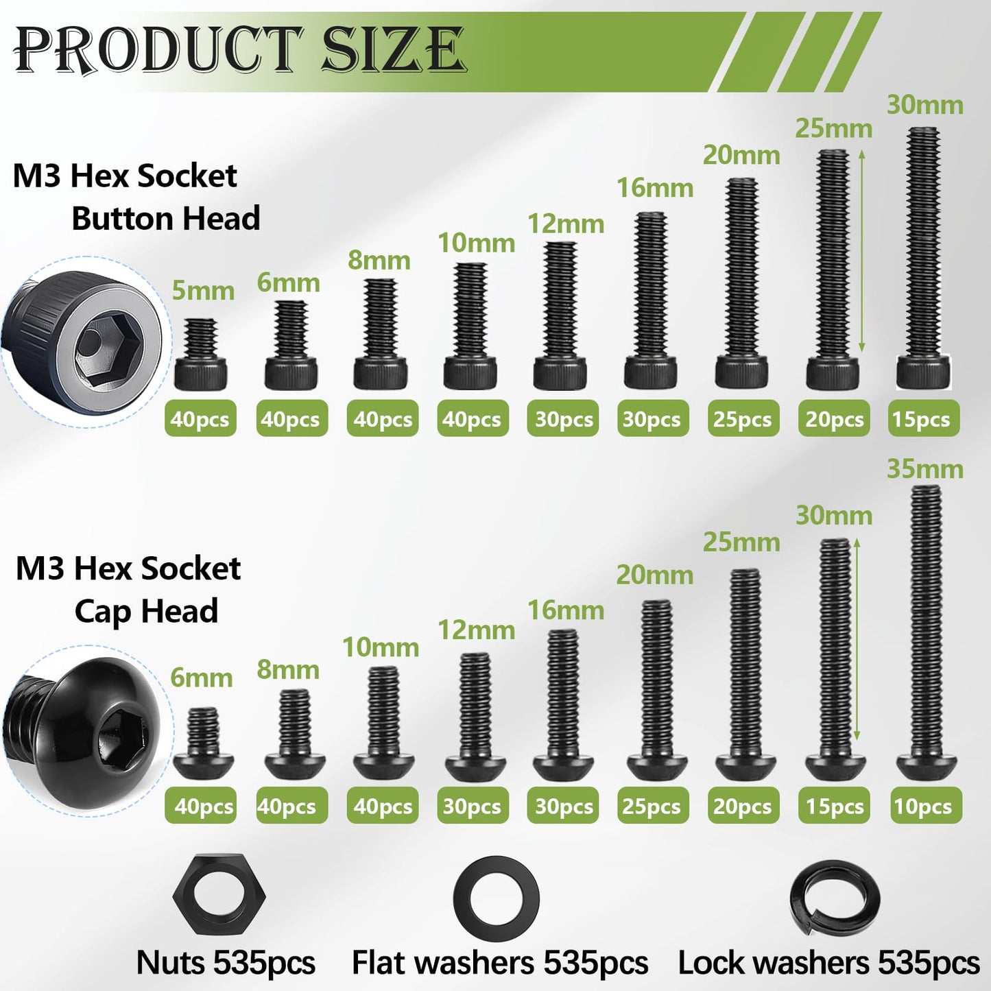 mxuteuk 2135PCS M3 Screws kit,M3x4mm-35mm Metric Screws Bolts Washers Nuts Kit,Hex Socket Button & Cap Head M3 Screws,12.9 & 10.9 Grade Alloy Steel M3 Bolts with 2 Hex Wrench