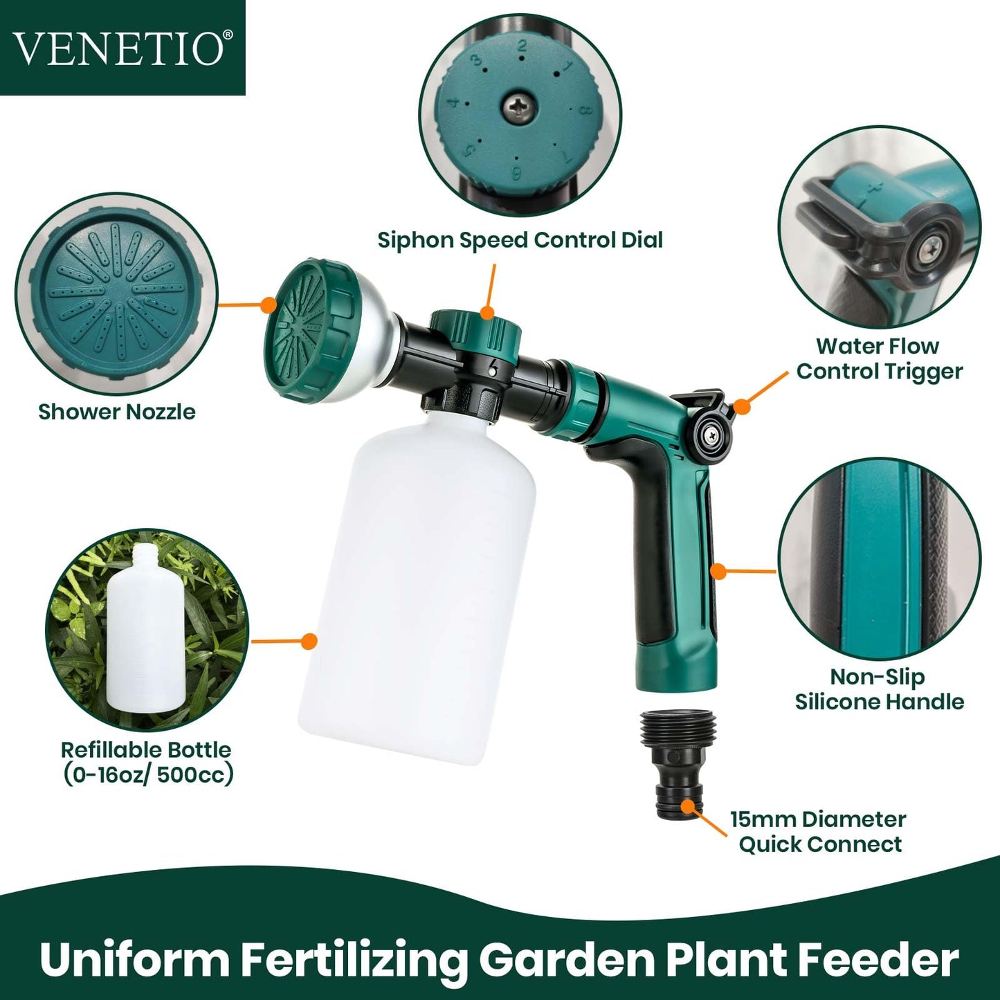 VENETIO 8-Dial Hose Attachment Spray Gun for Liquid Fertilizer/Soap | Precision Lawn & Garden Feeder for Uniform Fertilizing and Watering Plants | Hose-End Nozzle Sprayer with 500mL Bottle