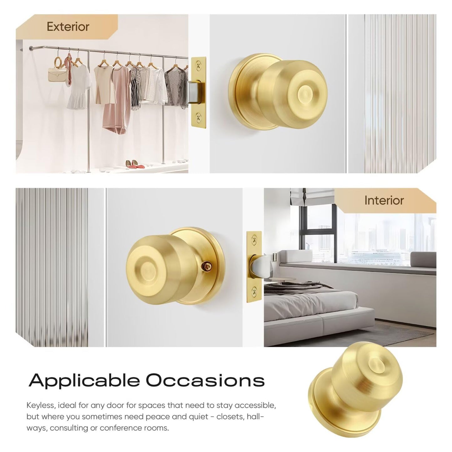 Leydebong 1 Pack Classic Gold Passage Door Knob Closet Door Knob, Satin Brass Door Knob for Interior/Hallway/Closet Doors, Interior Door Knobs