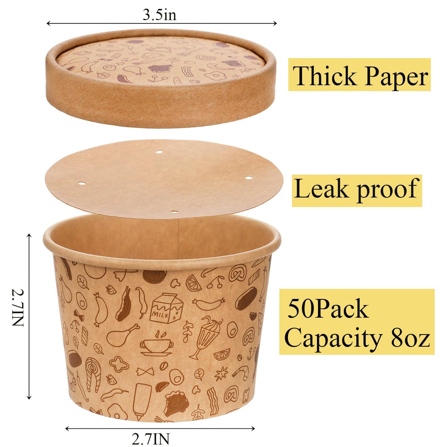 Cedilis 50 Pack Paper Containers with Lids, 8oz to Go Paper Soup Container, Disposable Kraft Food Cup for Hot or Cold Soup, Ice Cream, Yogurt