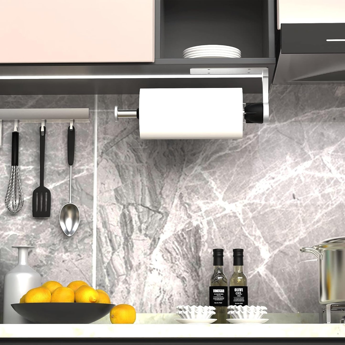 VEHHE Under Cabinet Paper Towel Holder with Ratchet System, One Hand Operable Paper Towel Holder Wall Mount with Damping Effect, Self-Adhesive Papers Towels Holders or Drilled for Kitchen (Silver)