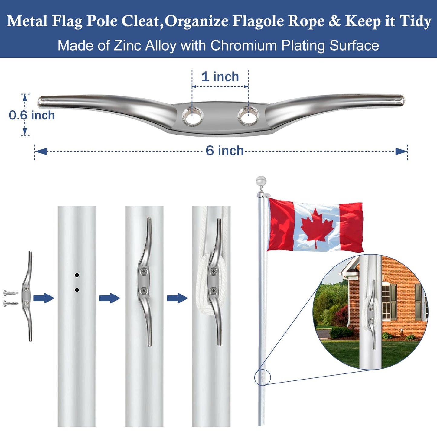 NQ Flagpole Hardware Repair Parts Kit-50Ft Halyard Rope 3" Silver Ball + 6" Zinc Alloy Cleat + 4PCS Metal Swivel Snap Clips + Aluminum Alloy Flagpole Truck with Nylon Pulley for 1.6"-2" Flagpole Top