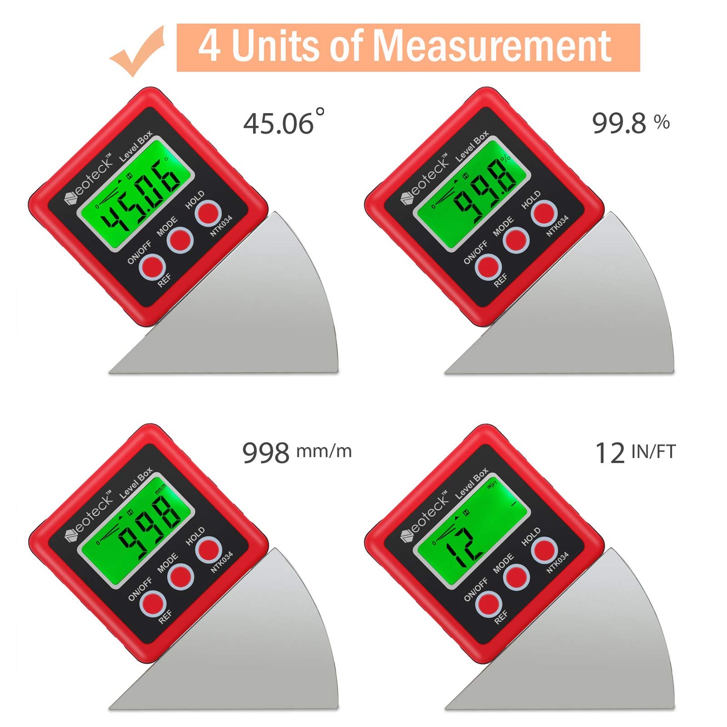 Neoteck Digital Angle Finder Digital Angle Gauge with LCD Backlight Protractor IP54 Waterproof Inclinometer Level Box for Bevel Angle of Miter Saw Automobile Test and Repair and Woodworking-Red