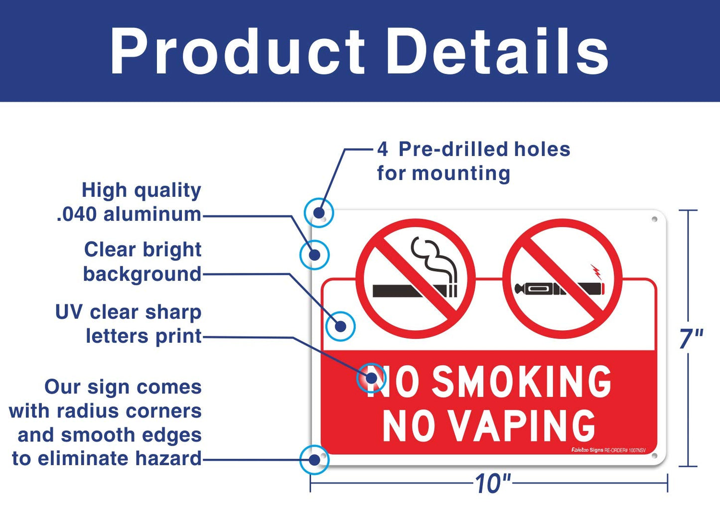 No Smoking No Vaping Sign, 4 Pack, 10" x 7" .40 Rust Free Aluminum, UV Protected, Weather Resistant, Waterproof, Durable Ink,Easy to Mount