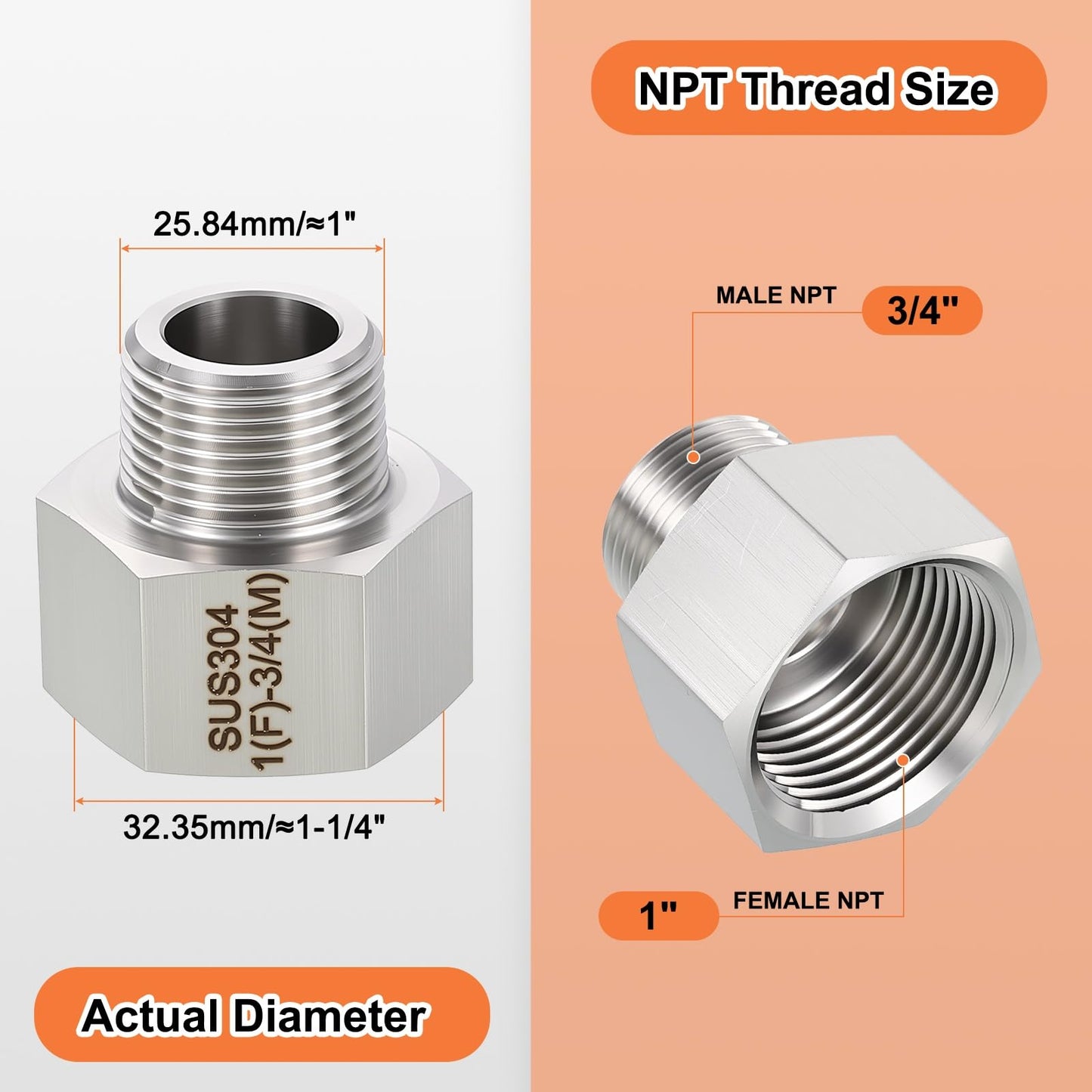 Rebower 2 Pack 304 Stainless Steel Female to Male Adapters, 1" Female NPT x 3/4" Male NPT Nipple Pipe Extension Connectors for Industrial, Fluid Transfer, Home Gardening, Water Treatment