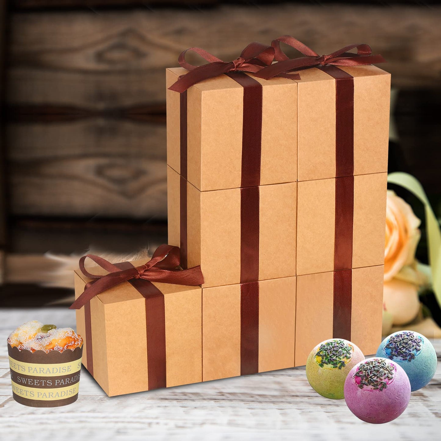 DOYIDE 50 Pack Small Gift Boxes, 3x3x3 Favor Boxes Brown Paper Gift Boxes with Lids for Presents, Crafting, Cupcake Boxes, Gifts, Candy Boxes for Wedding Party Bridal Shower Baby Shower Favors