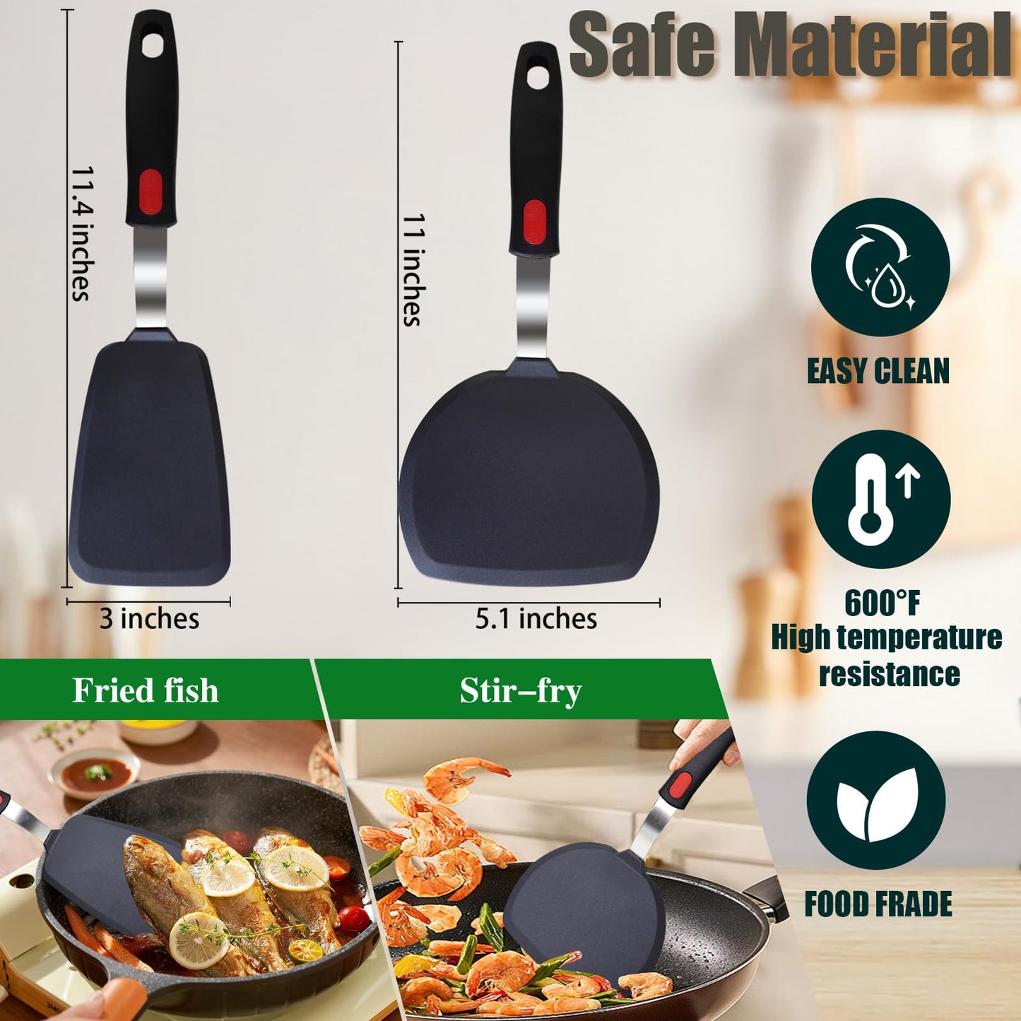 4-Pack Silicone Spatula and Spoon Set, 600°F (315°C) Heat Resistant Kitchen Utensils for Non-Stick Cookware, 3 Flexible Turners & 1 Solid Spoon, Ergonomic Non-Slip Grip, BPA Free, Black