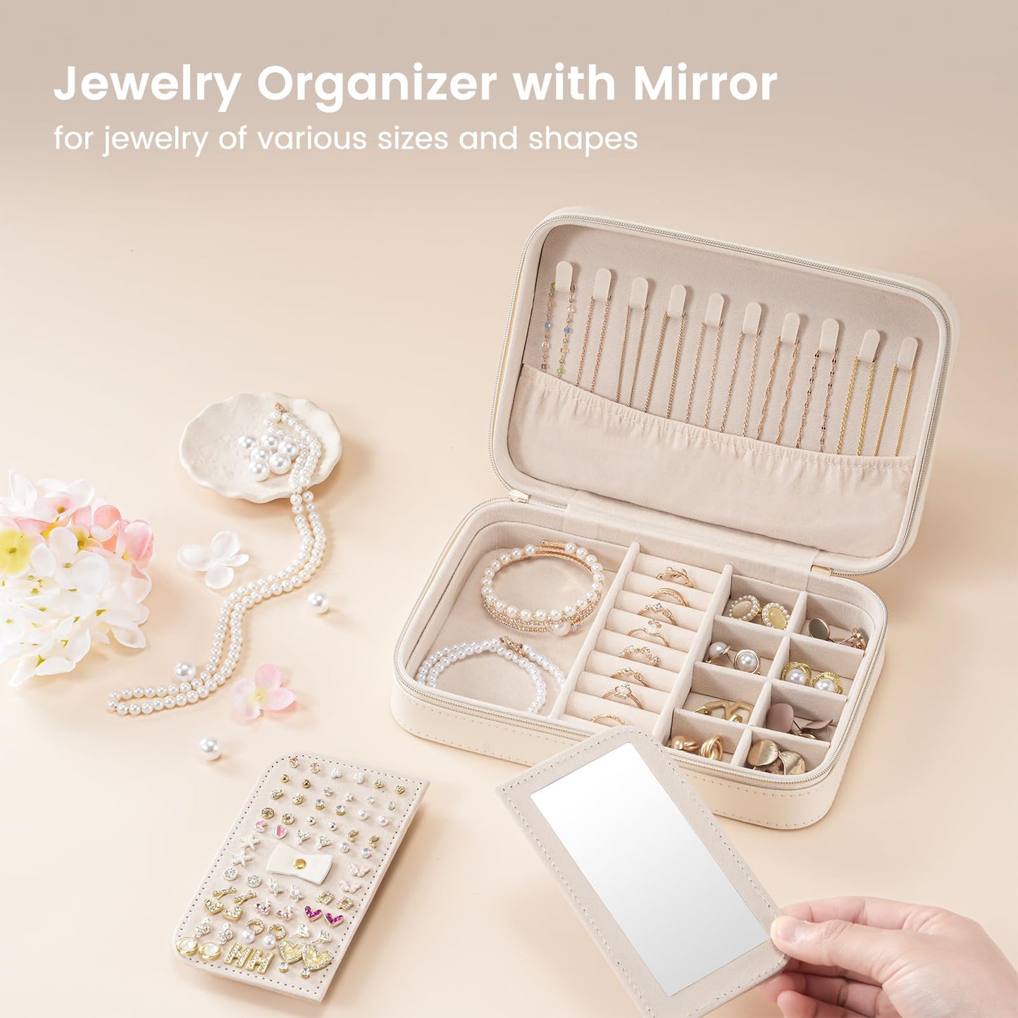 Lolalet Travel Jewelry Case for Women, Travel Jewelry Organizer Box with Mirror & Clear Storage Bag, Small Portable Traveling Ring Case for Earrings Necklace Bracelet Rings -Medium, White