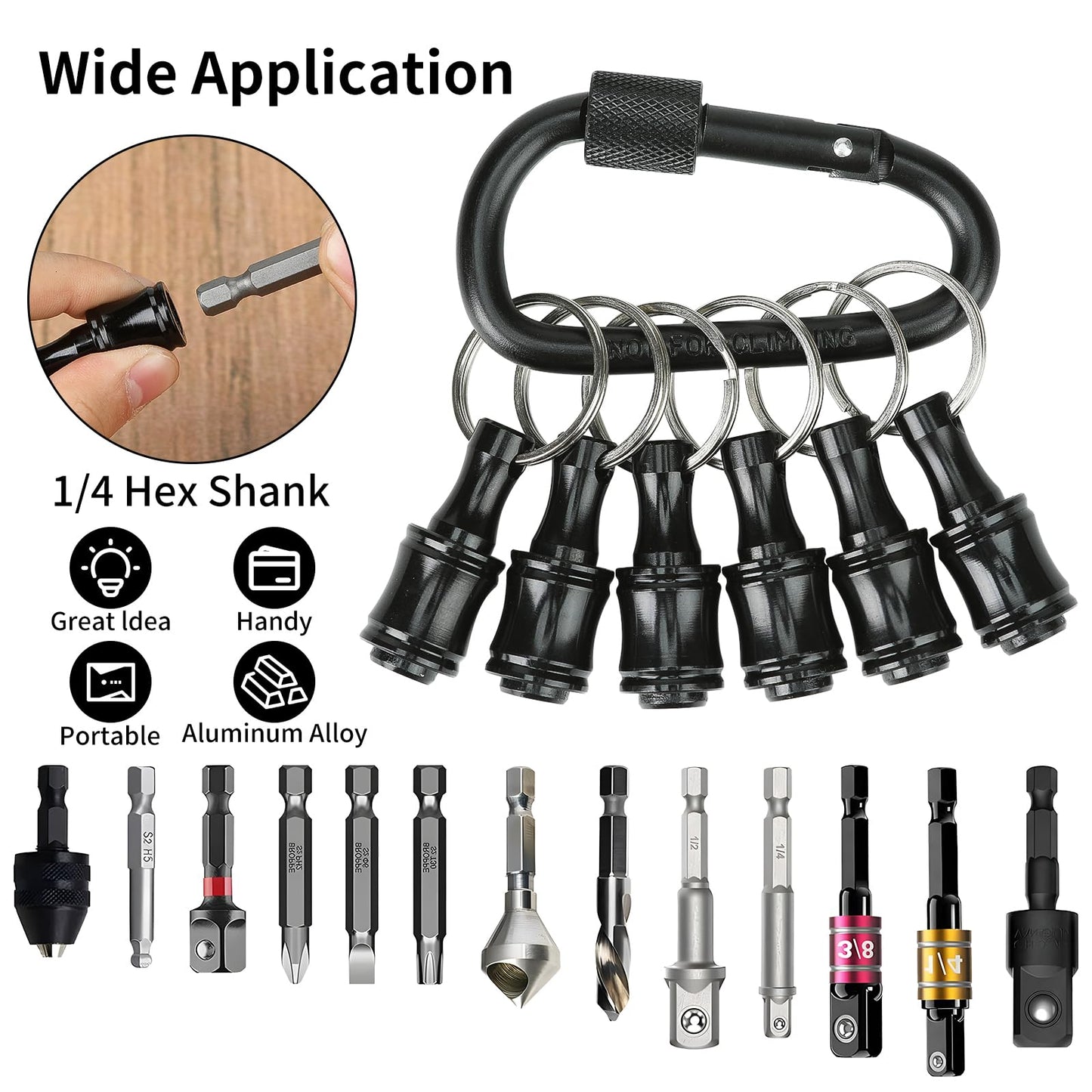 Upgrade 18 Pcs Bit Holder Keychain with 3 Black Carabiner, 1/4 Inch Hex Shank Screwdriver Bits Holder, Screw Adapter Quick Release Hand-Held Impact Socket Holder for Electric Screwdrivers (Black-3set)