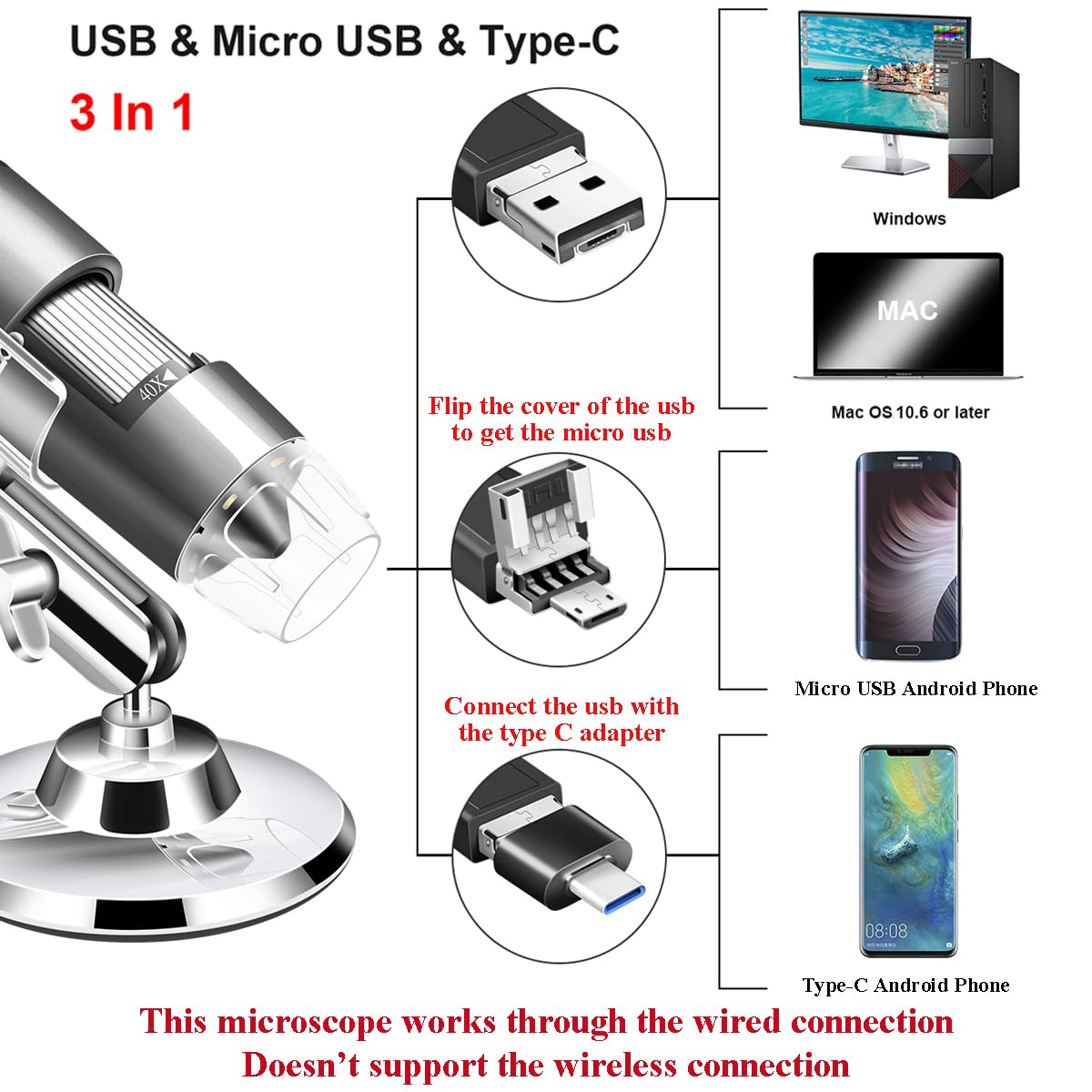 USB Microscope Camera 40X to 1000X, Cainda Digital Microscope with Metal Stand and Carrying Case Compatible with Android Windows 7 8 10 11 Linux Mac, Portable Microscope Camera