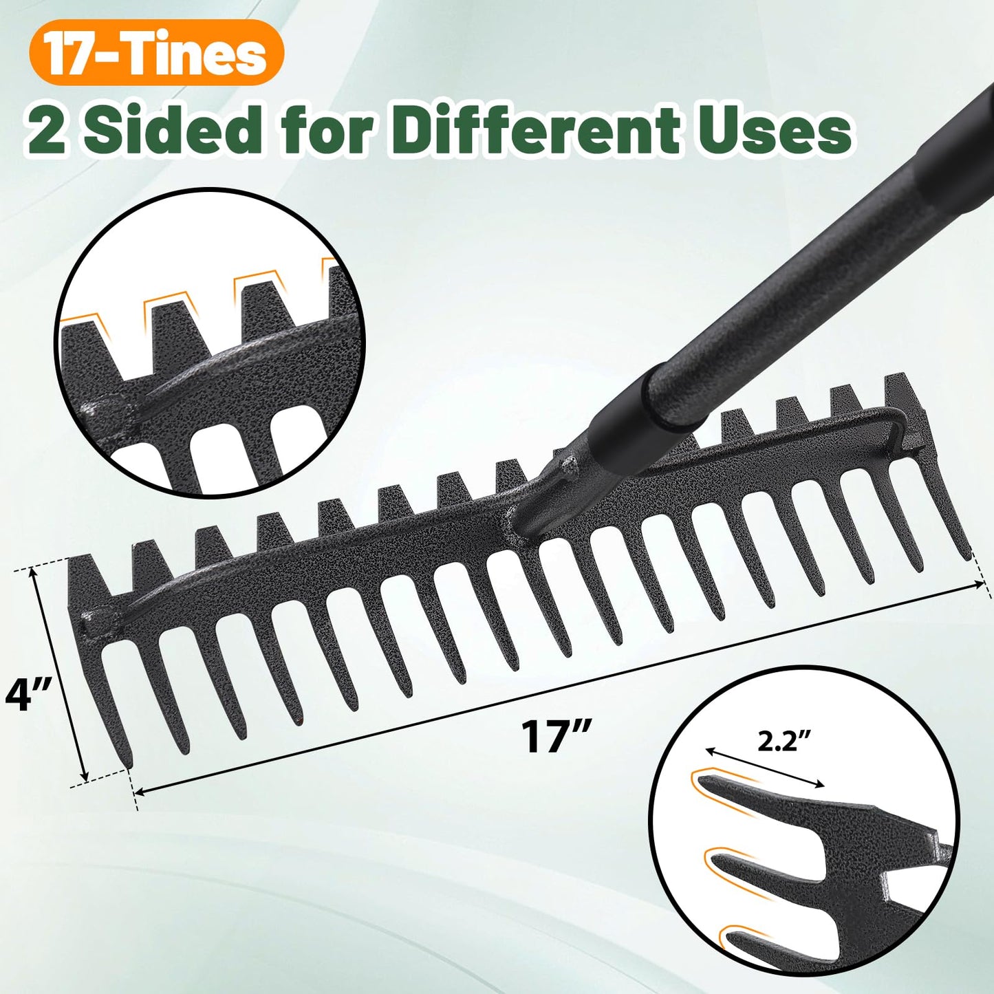 Garden Rake, 49" Long Long Handle, 17" Wide Heavy Duty Garden Leaf Rake for Thatching Raking Leaf Loosening Soil Gathering Mulch Leveling Rocks, Metal Bow Rakes for Leaves Grass