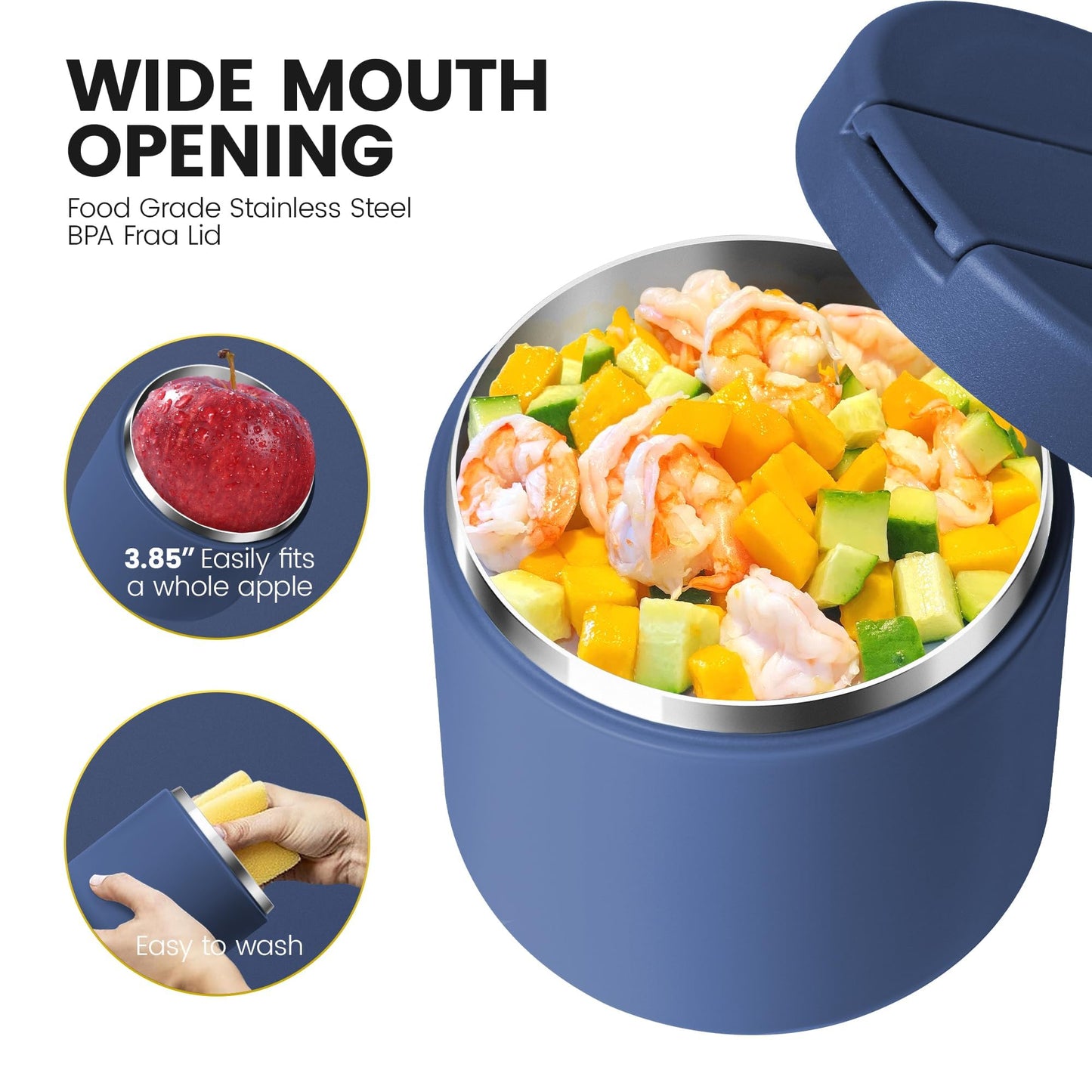 19 Oz Insulated Food Jar, Buckle Lid Wide Mouth Soup Jar, Leakproof Stainless Steel Lunch Container for School Office Travel, Blue