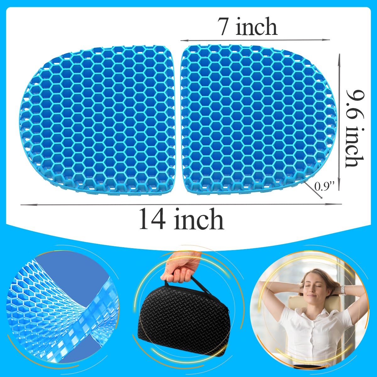 Foldable Gel Seat Cushion of Airy Cooling Gel, Portable Chair Pad for Travel, Honeycomb Seat Cushion for Stadium & Bench, Portable Chair Cushion for Sitting Fatigue Relief (0.9-Inch Thick, Black)