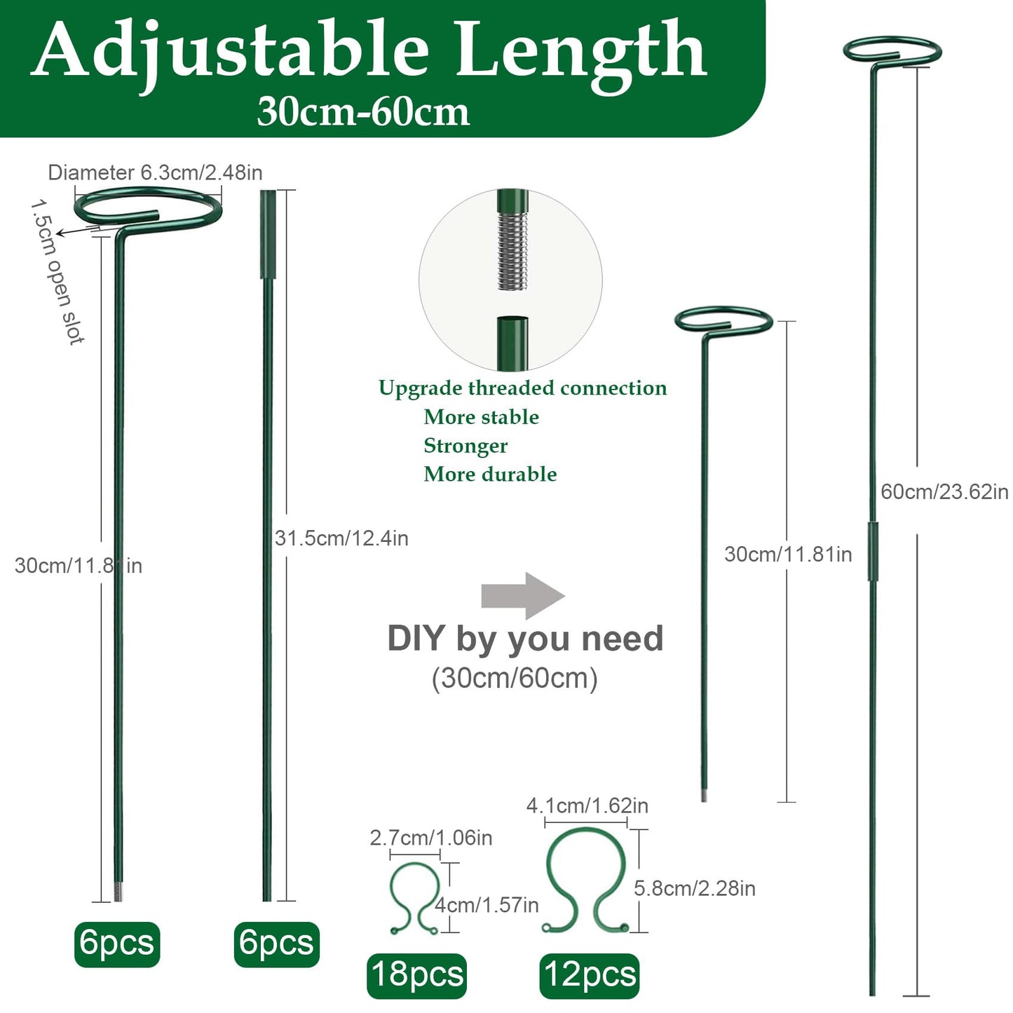 6Pcs Plant Support Stakes, 60cm Garden Single Stem Plant Support Stakes Adjustable Plant Sticks Support with 30 Orchid Clips for Peonies Tomatos Lily Rose Plant Climbing