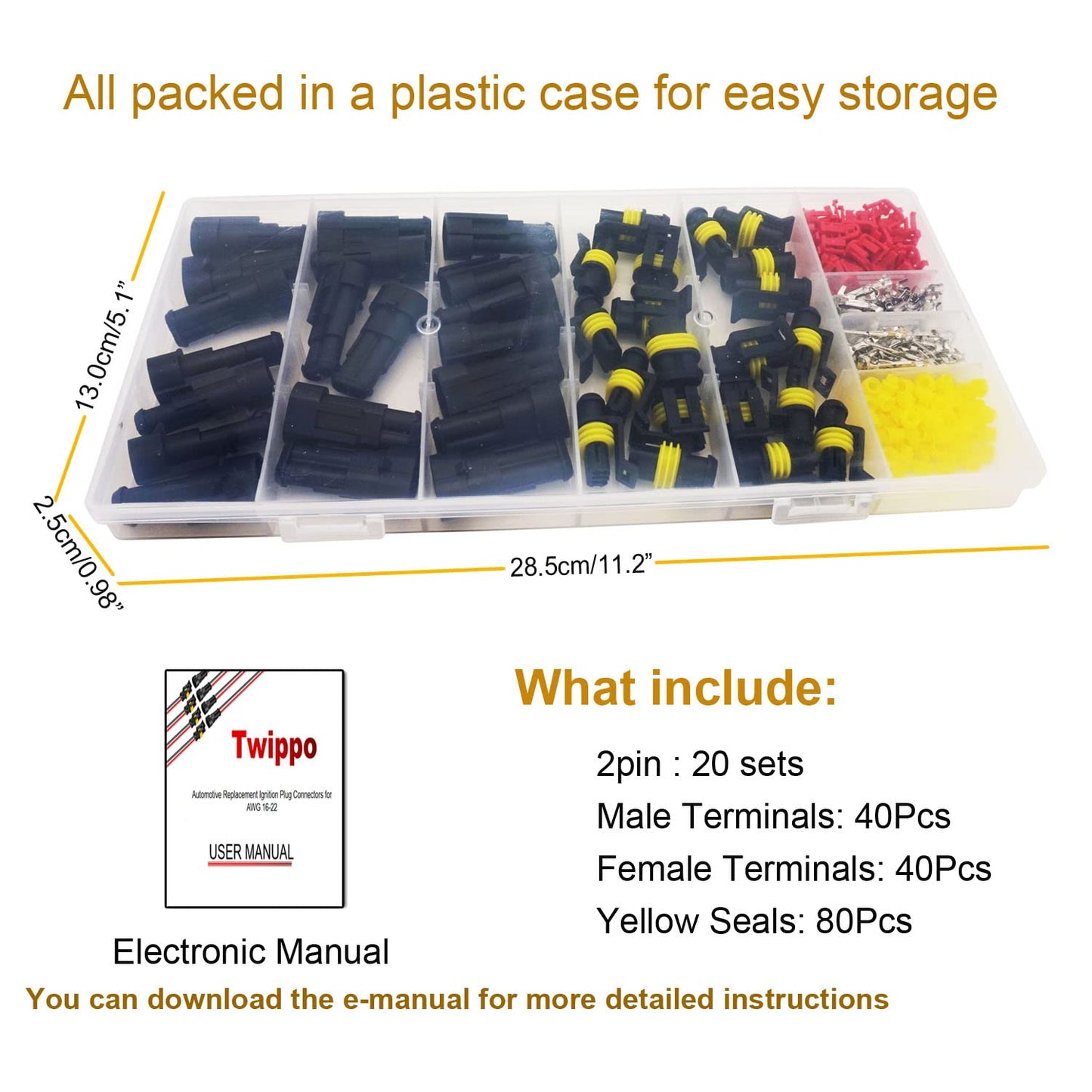 Twippo 20 Kits 2 Pin Connector Automotive Electrical Connectors 2 Wire Connectors Waterproof Connector Disconnect and Connect 22-16 AWG