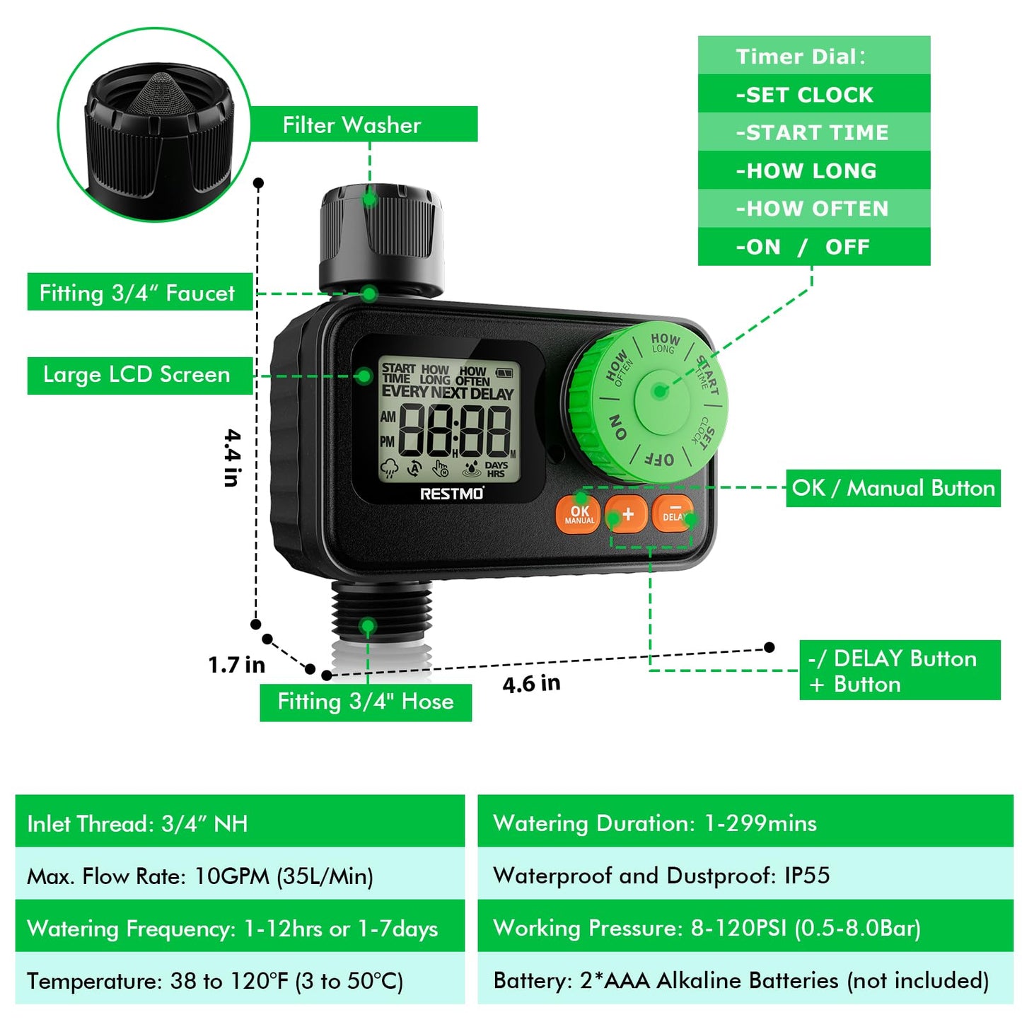 RESTMO Water Timer, Sprinkler Timer for Garden Hose, Programmable Hose Timer with Automatic/Rain Delay/Manual Watering, Digital Irrigation Timer for Outdoor Faucet, Yard and Lawn