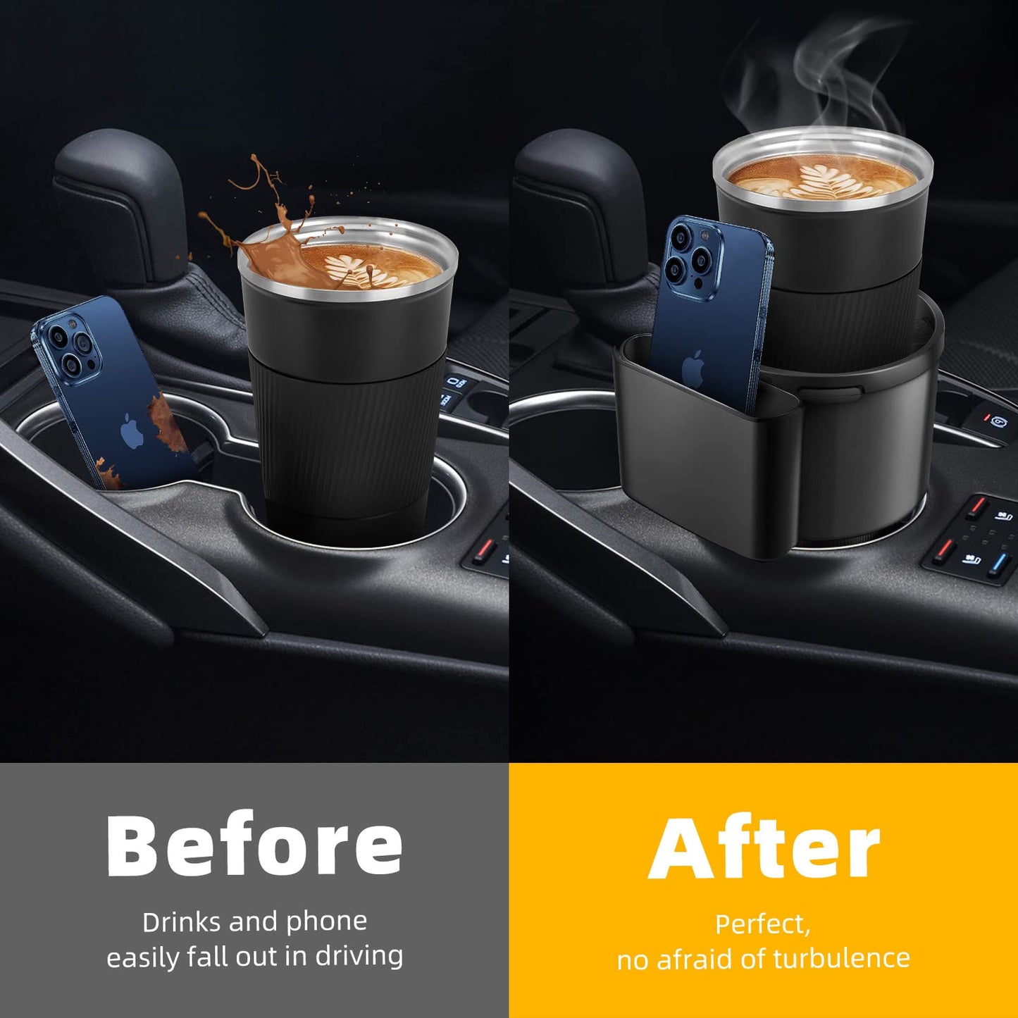 TYKOR Car Cup Holder Expander, 2 in 1 Cup Holder Extender with Adjustable Base, Fits YETI 24/36/46oz, Hydro Flask 20/32/40oz, Other Large Bottles and Mugs in 2.7"-4.2" (16-46 OZ)