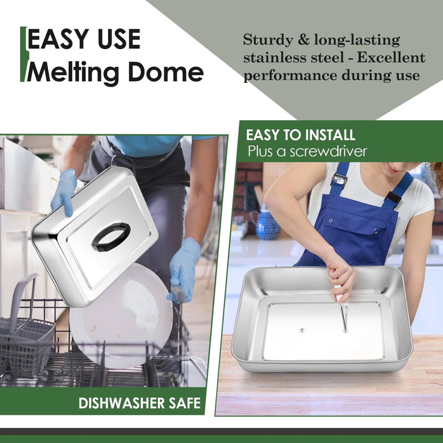 2Pcs 13 x 9.8" Basting Cover for Griddle, Joyfair Rectangular Cheese Melting Dome, Stainless Steel Melt Lid for Outdoor Flat Top Grill, Heat-Resistant Handle & Dishwasher Safe (No Vent)