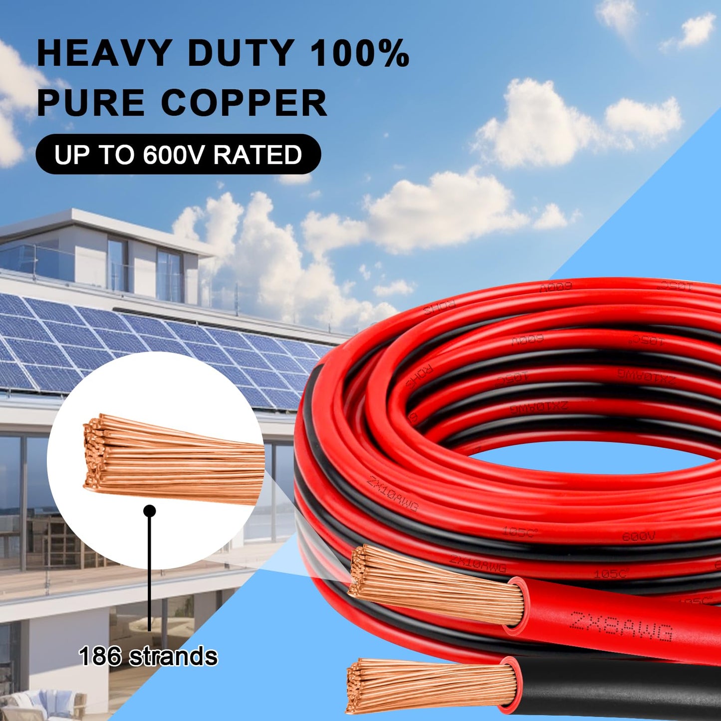 8 Gauge Wire 5 Feet, 8/2 AWG Pure Copper Wire, 8AWG 2 Conductors Red Black Oxygen Free Stranded Low Voltage Wire for Solar Panel, Automotive, Audio Auto, LED Lighting(8 AWG 5FT)