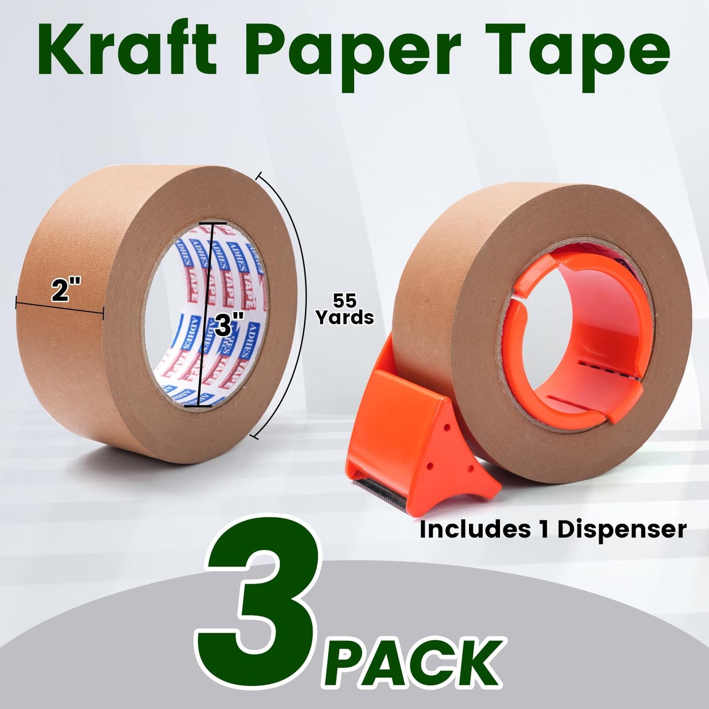 ADHES Kraft Paper Tape with Dispenser, 2 in x 55 yds x 3 Rolls – Eco Friendly Brown Packing Tape, Strong Adhesive, Easy Cut Tape Dispenser for Shipping, Moving & Packaging